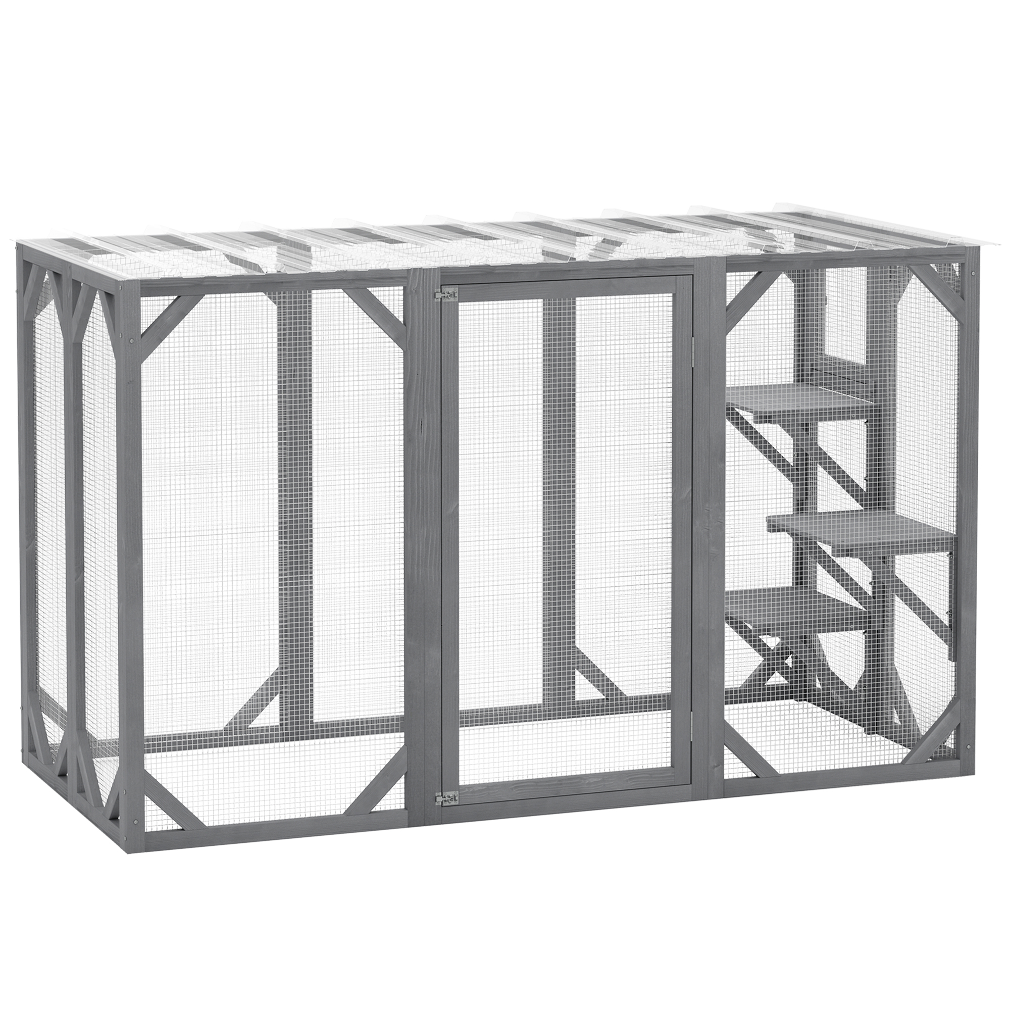 PAWSTER 71" Outdoor Wooden Cat House with 3 Platforms, Large Door and Weatherproof Roof, for Multiple Cats, Grey - Life Essentials