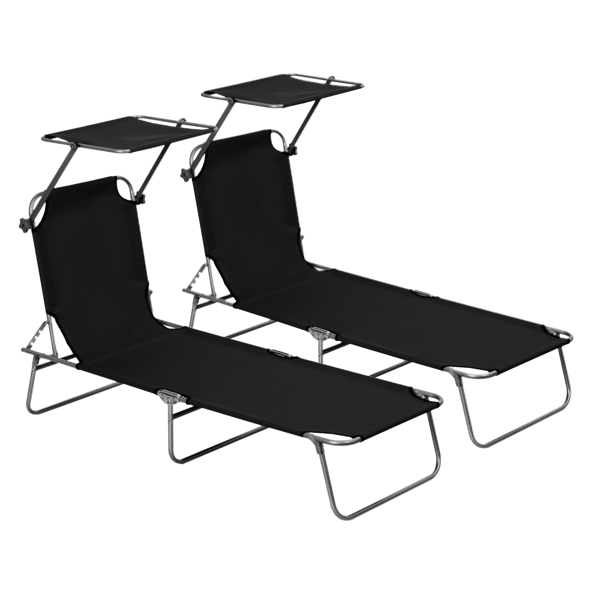 2 Pcs Outdoor Foldable Sun Lounger Set w/ Removeable Shade Canopy, Patio Recliner Sun Lounger w/ Adjustable Backrest w/ Mesh Fabric, Black - Life 