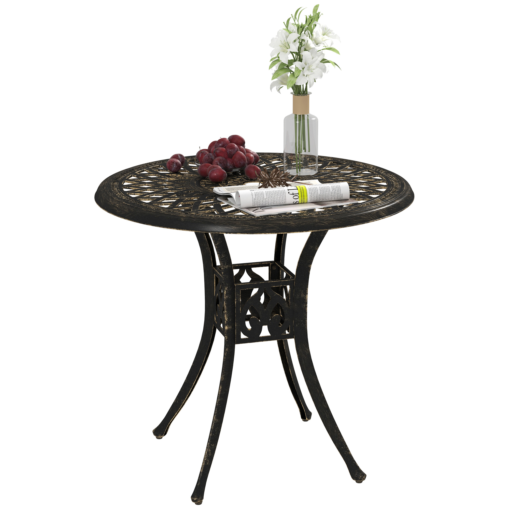 SUNVISTA 78 cm Round Garden Dining Table with Parasol Hole Antique Cast Aluminium Outdoor Table Only, Bronze Tone - Life Essentials