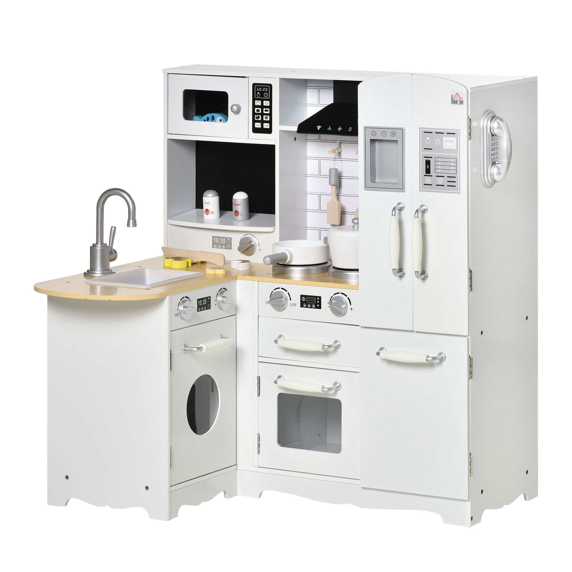 Kids Wooden Kitchen, Large Pretend Role Play Kitchen w/ Realistic Refrigerator, Microwave, Oven, Range Hood, Sink, Telephone - Life Essentials