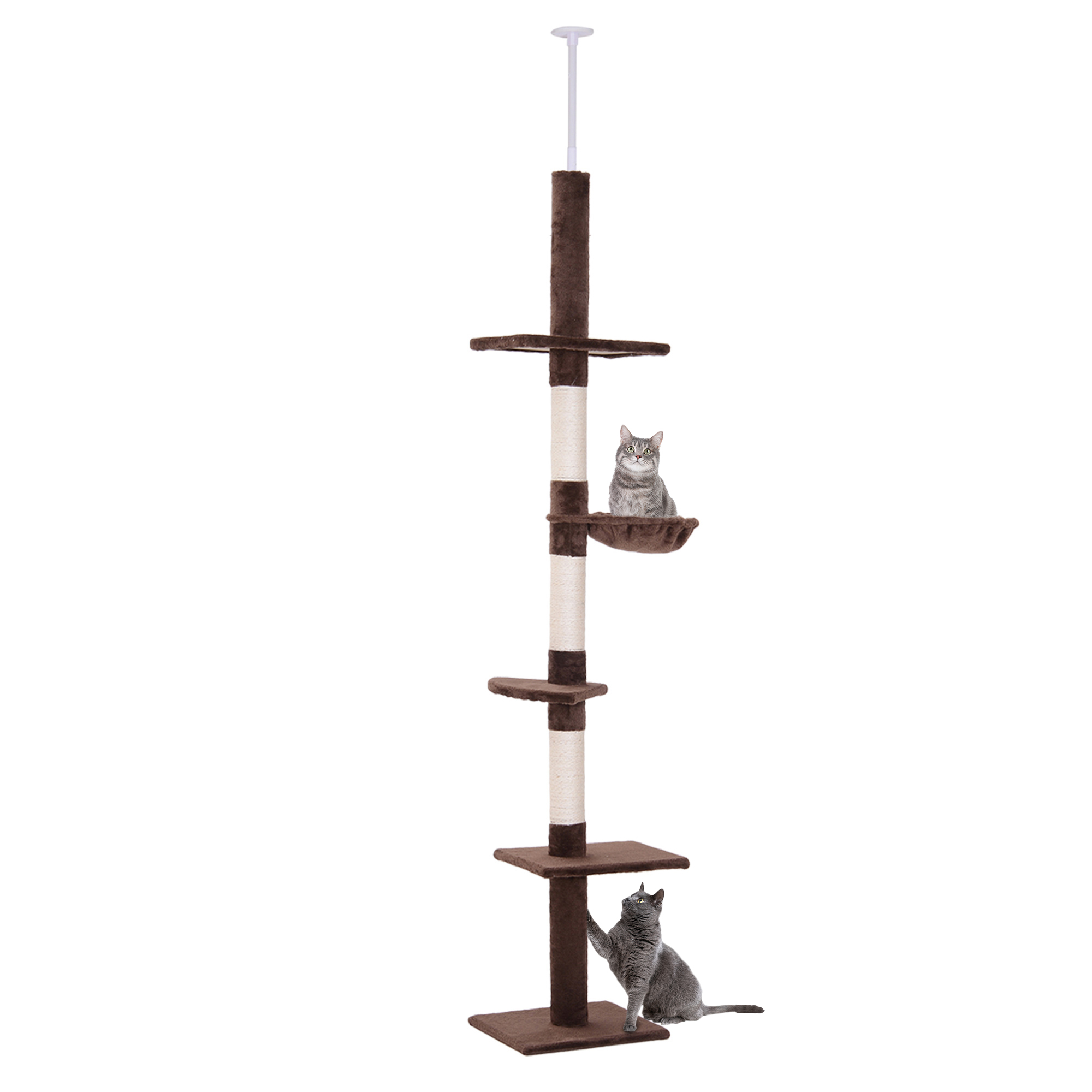 5-Tier Floor to Ceiling Cat Tree, Tall Kitty Tower Climbing Activity Center Scratching Post Adjustable Height 230-260cm, Brown - Life Essentials