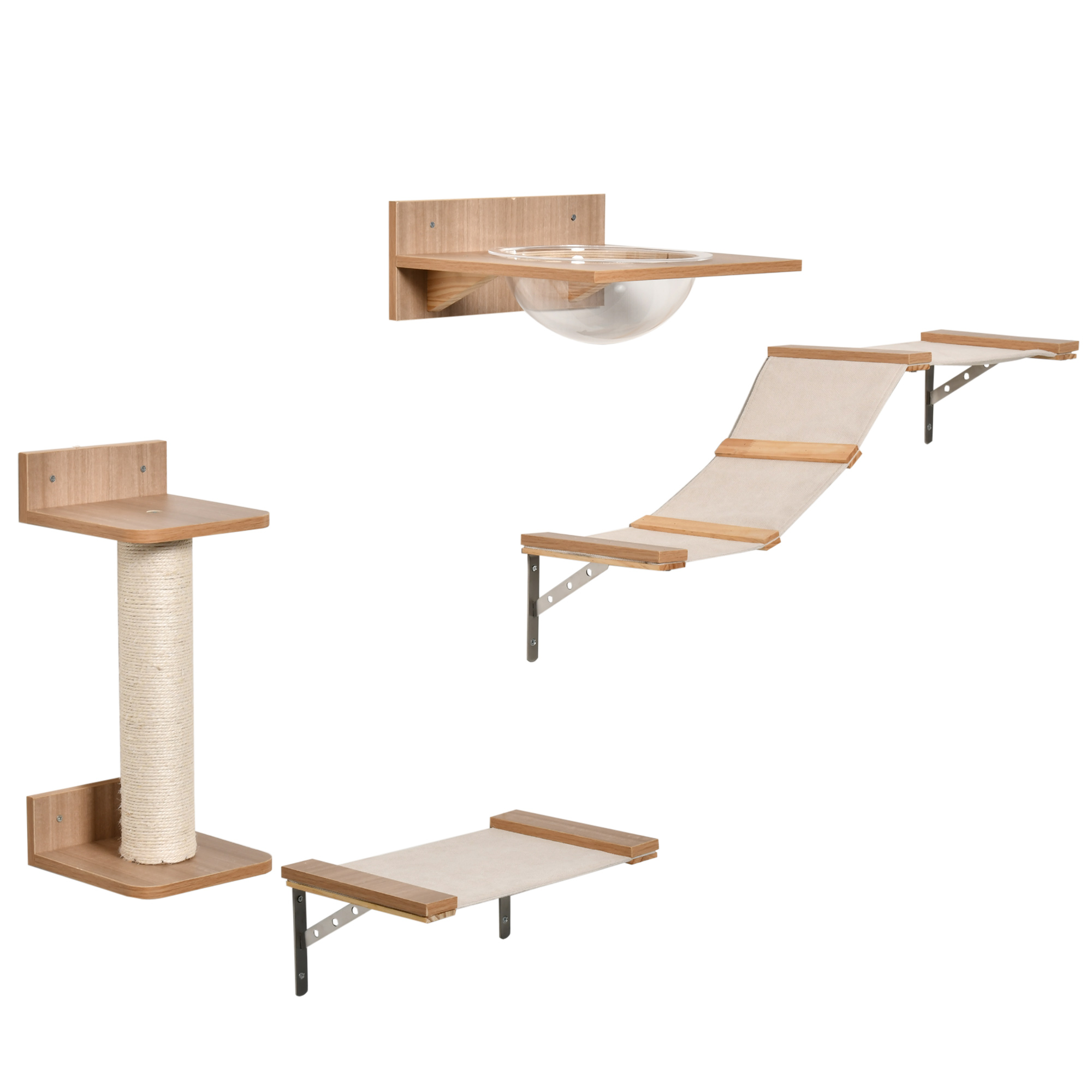 4PCs Wall-mounted Cats Climbing Shelf Set Cat Tree Kitten Perch Activity Center with Hammock Scratching Post Jumping Platform Brown - Life Essentials
