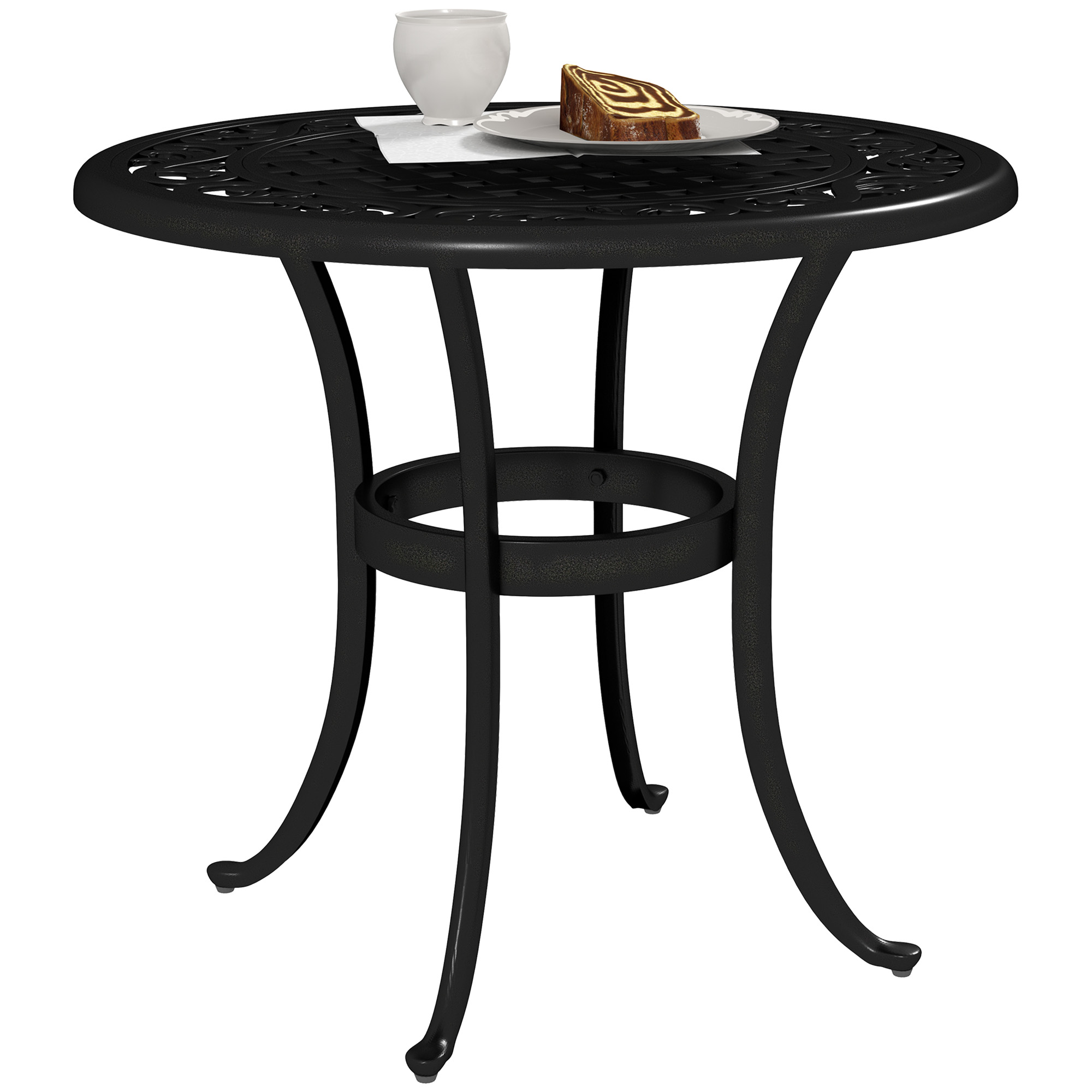 SUNVISTA 60cm Round Garden Table, Outdoor Hollow Top Design Side Table with Cast Aluminium Frame for Patio, Garden, Balcony, Black - Life Essentials