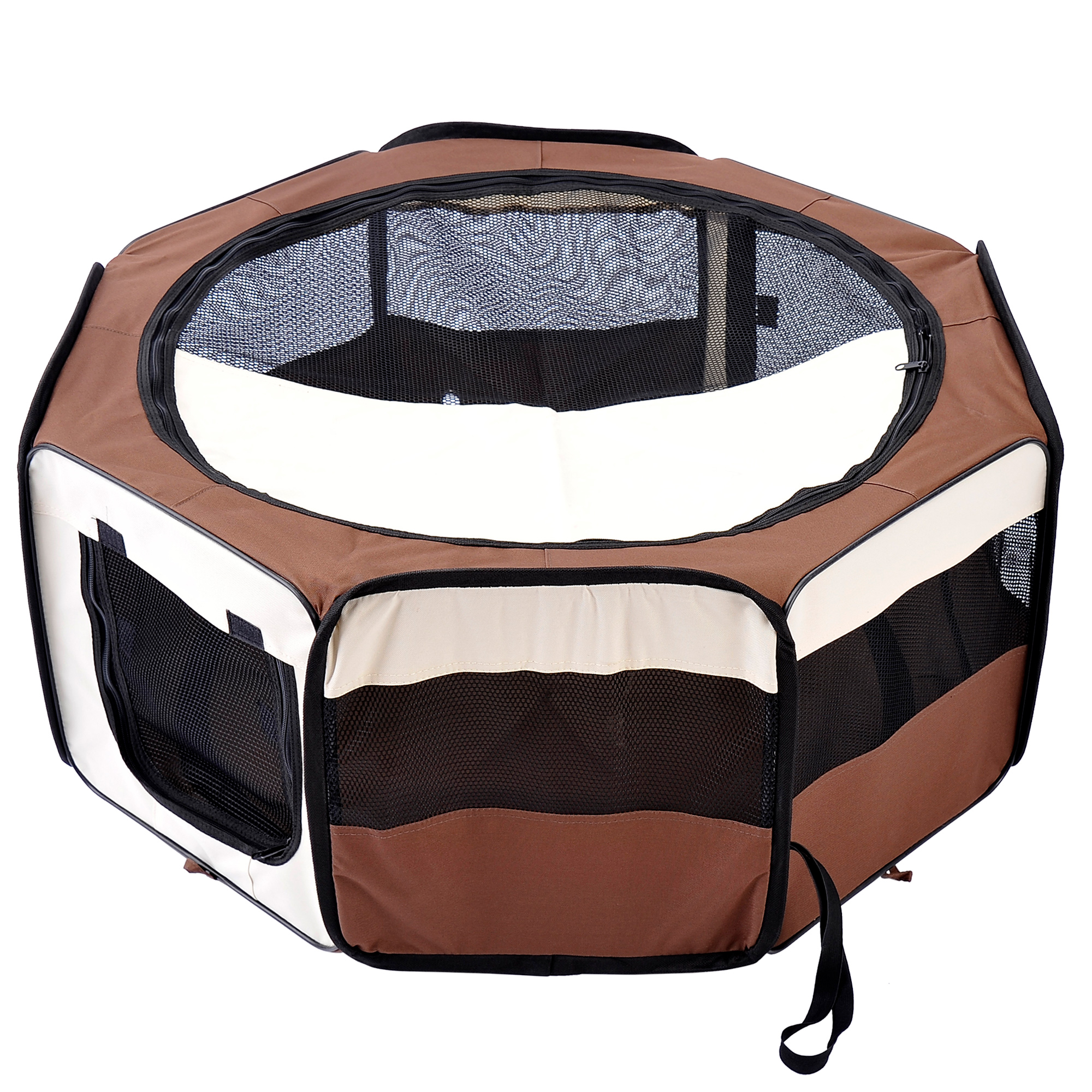 Fabric Pet Puppy Dog Cat Rabbit Pig Guinea Playpen Play Pen Run Dia90 x 41H cm Brown and Cream - Life Essentials