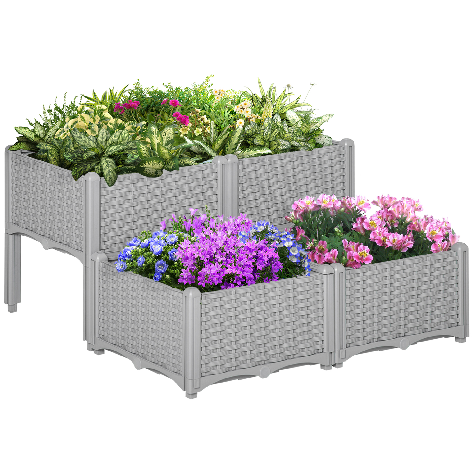 Set of 4 Garden Raised Bed Elevated Patio Flower Plant Planter Box PP Vegetables Planting Container, Grey - Life Essentials