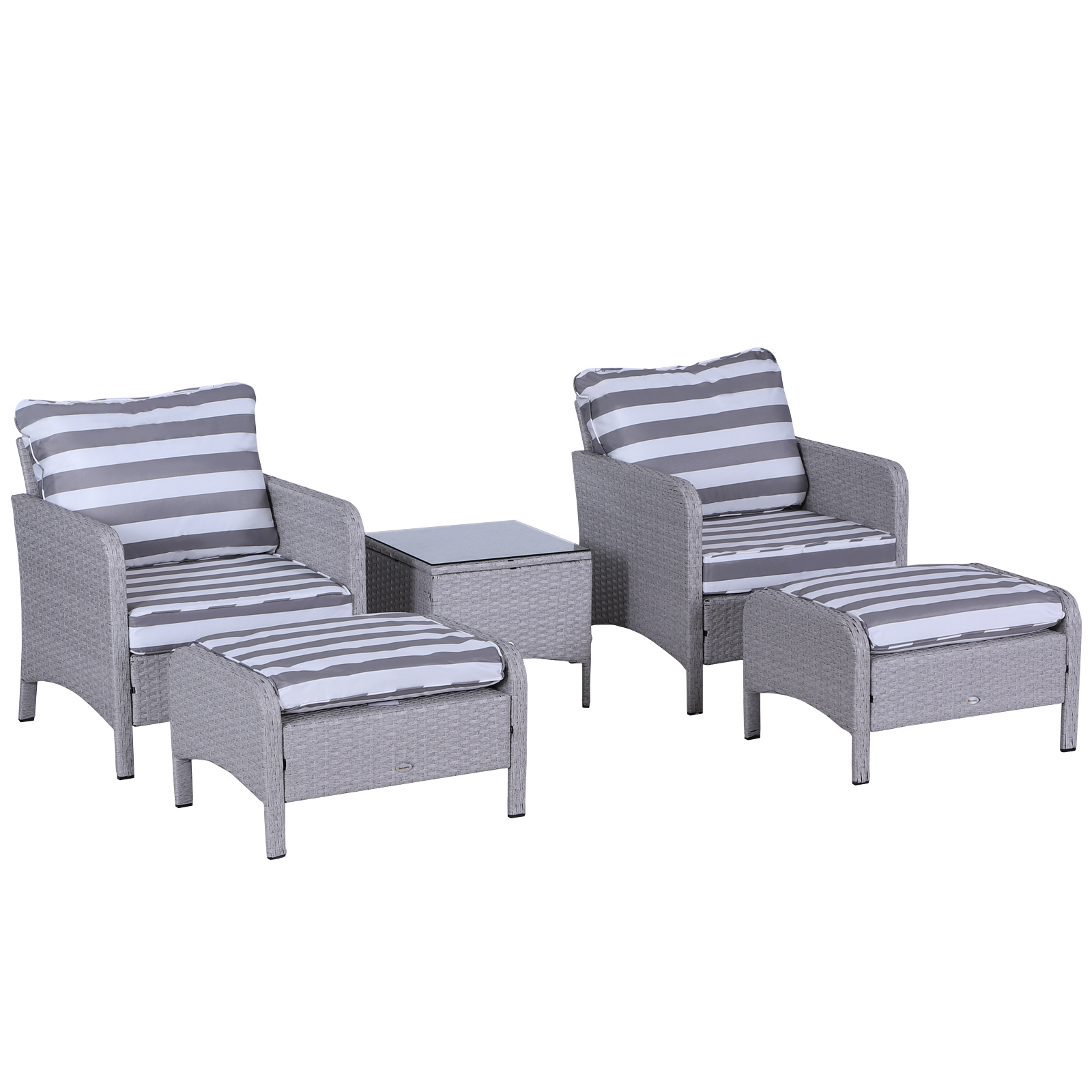 2 Seater PE Rattan Garden Furniture Set, 2 Armchairs 2 Stools Glass Top Table Cushions Wicker Weave Chairs Outdoor Seating - Grey - Life Essentials