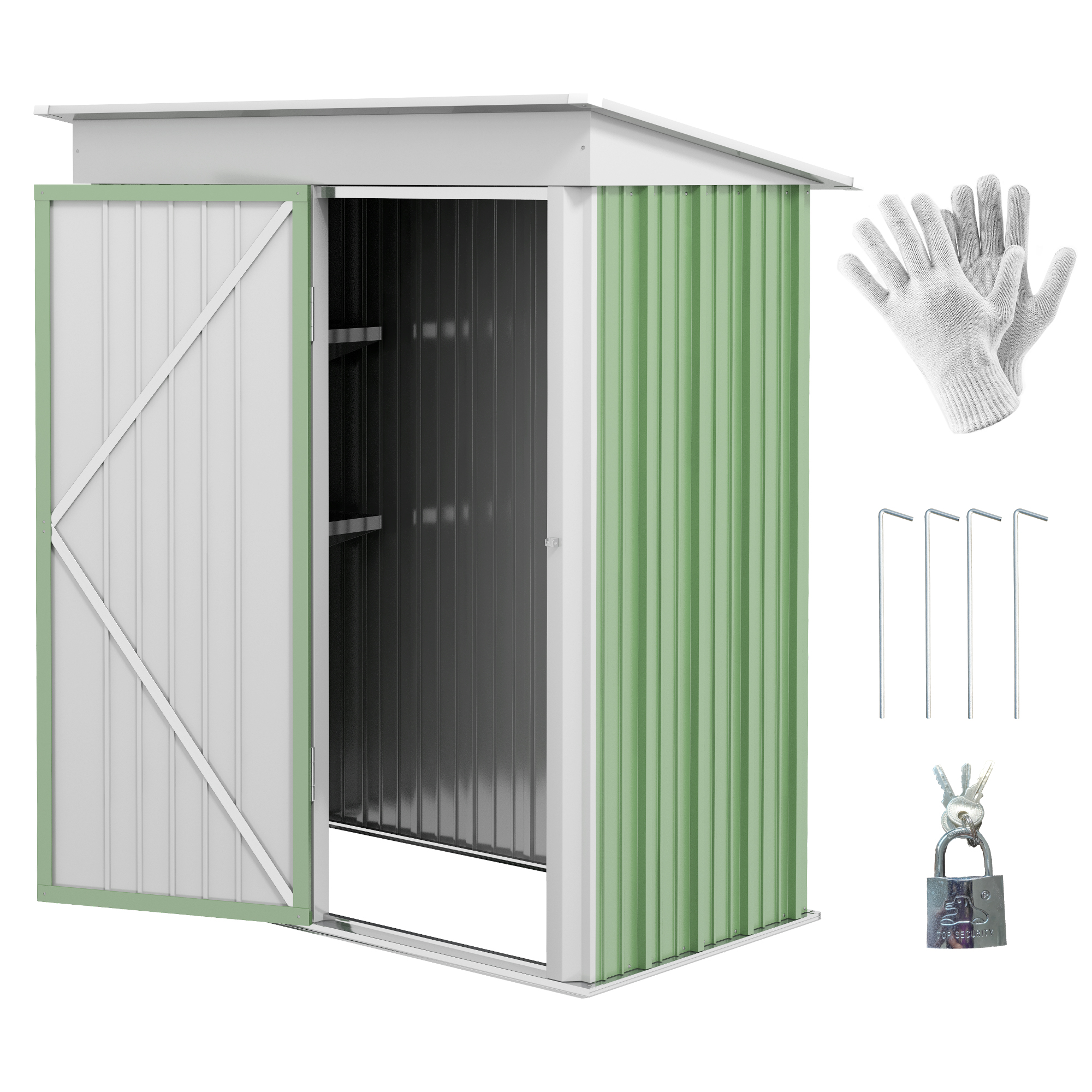 5'x3'x6' Metal Garden Shed Roofed Lean-to Shed for Tool Motor Bike, with Adjustable Shelf, Lock, Gloves, Green - Life Essentials
