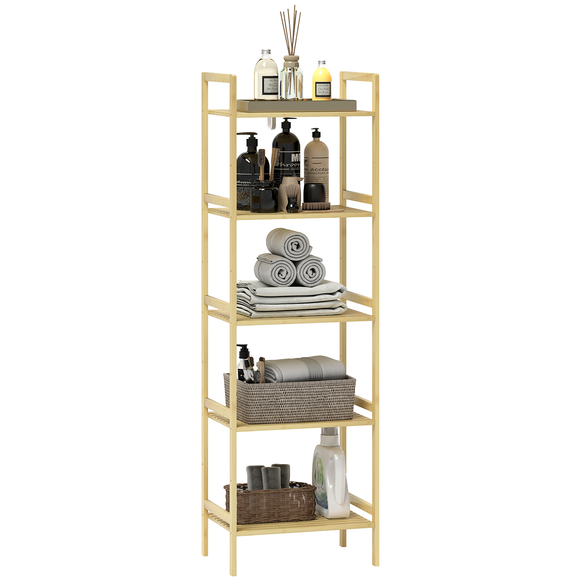 HERON 5-Tier Bamboo Bathroom Storage Shelf, Freestanding Shelving Unit with Adjustable Rack for Kitchen Bathroom Living Room, Natural Wood Finish - 