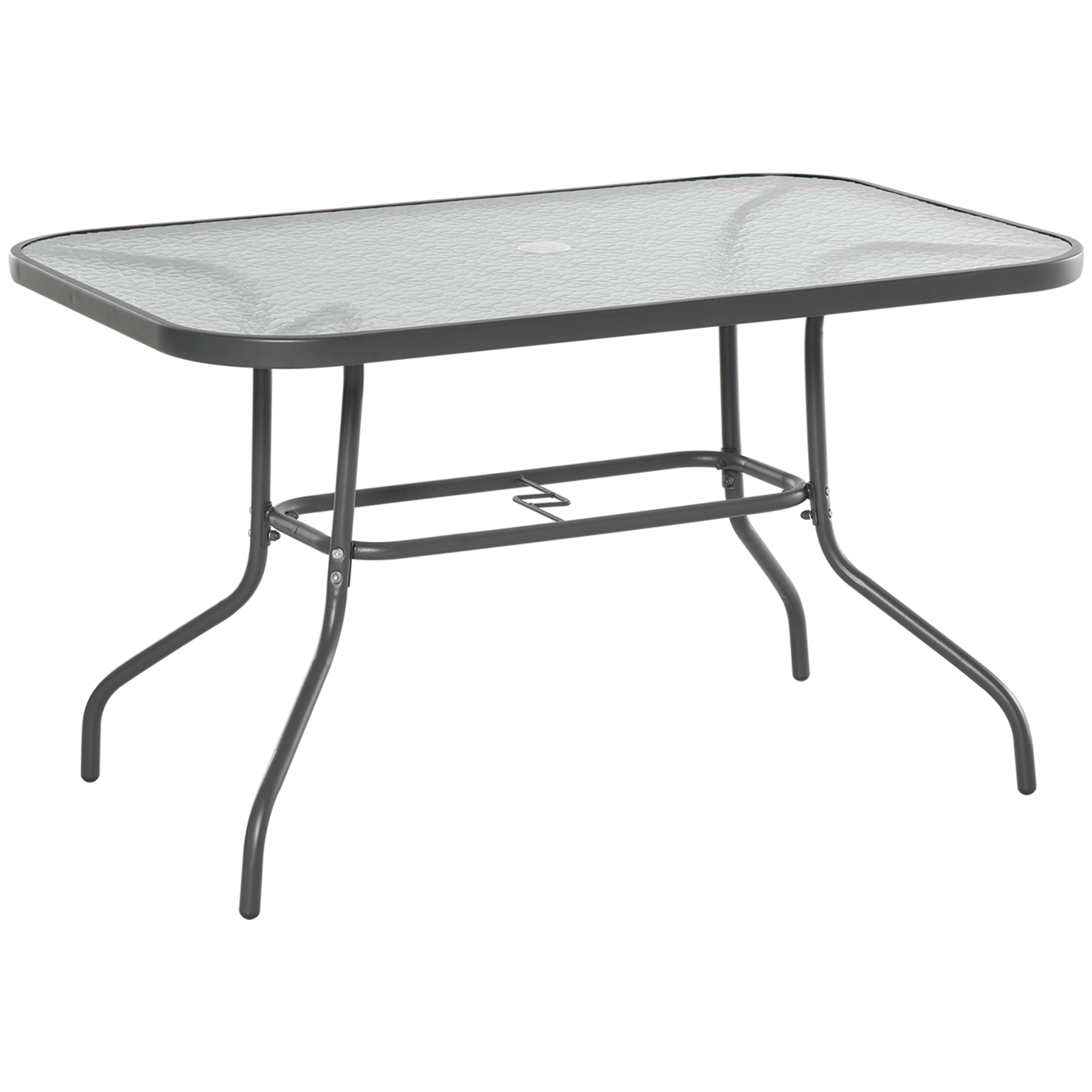 Glass Top Garden Table Curved Metal Frame w/ Parasol Hole 4 Legs Outdoor Balcony Sturdy Friends Family Dining Table -Grey - Life Essentials