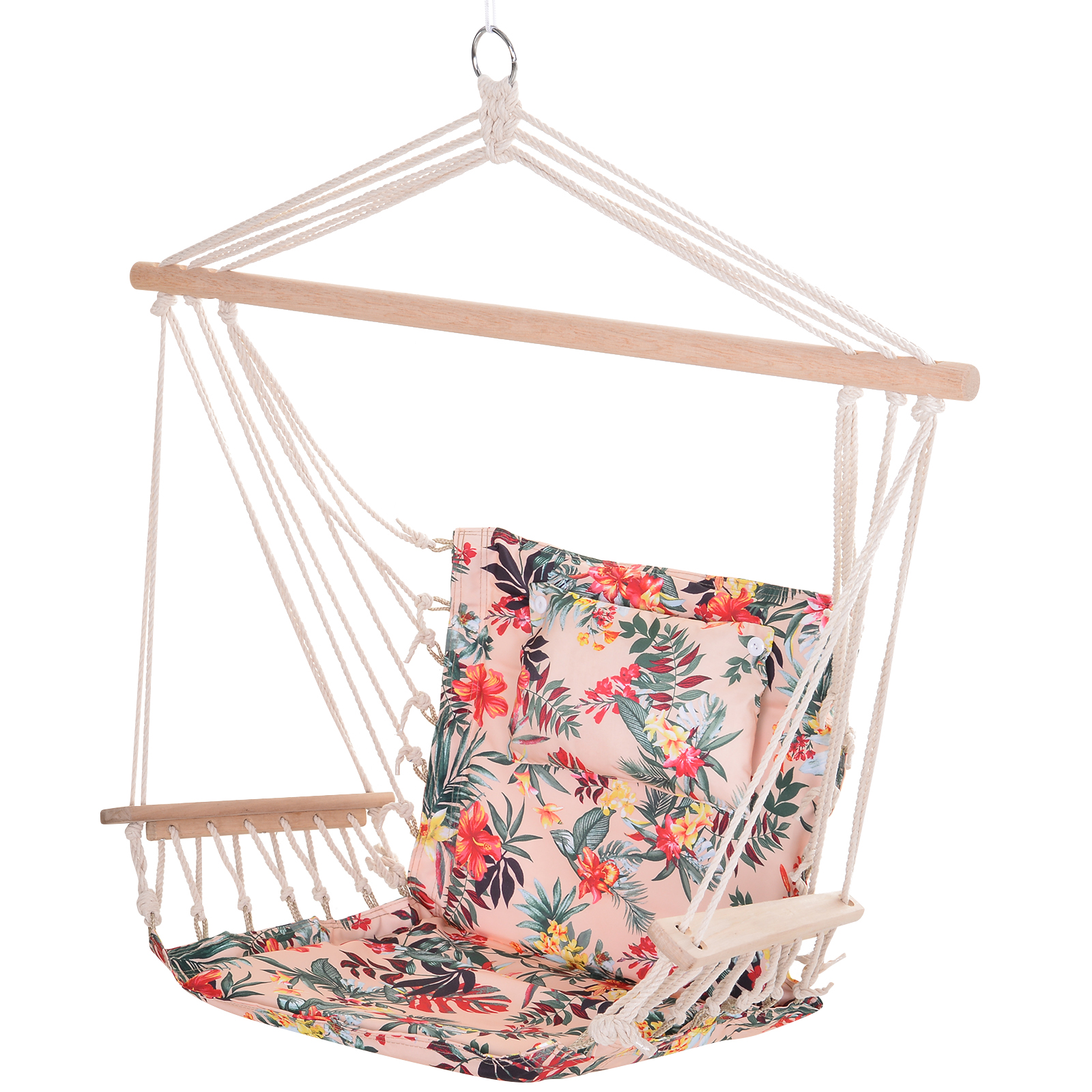 Garden Outdoor Hanging Hammock Chair Thick Rope Frame Wooden Arms Safe Wide Seat Garden Outdoor Spot Stylish Multicoloured floral - Life Essentials