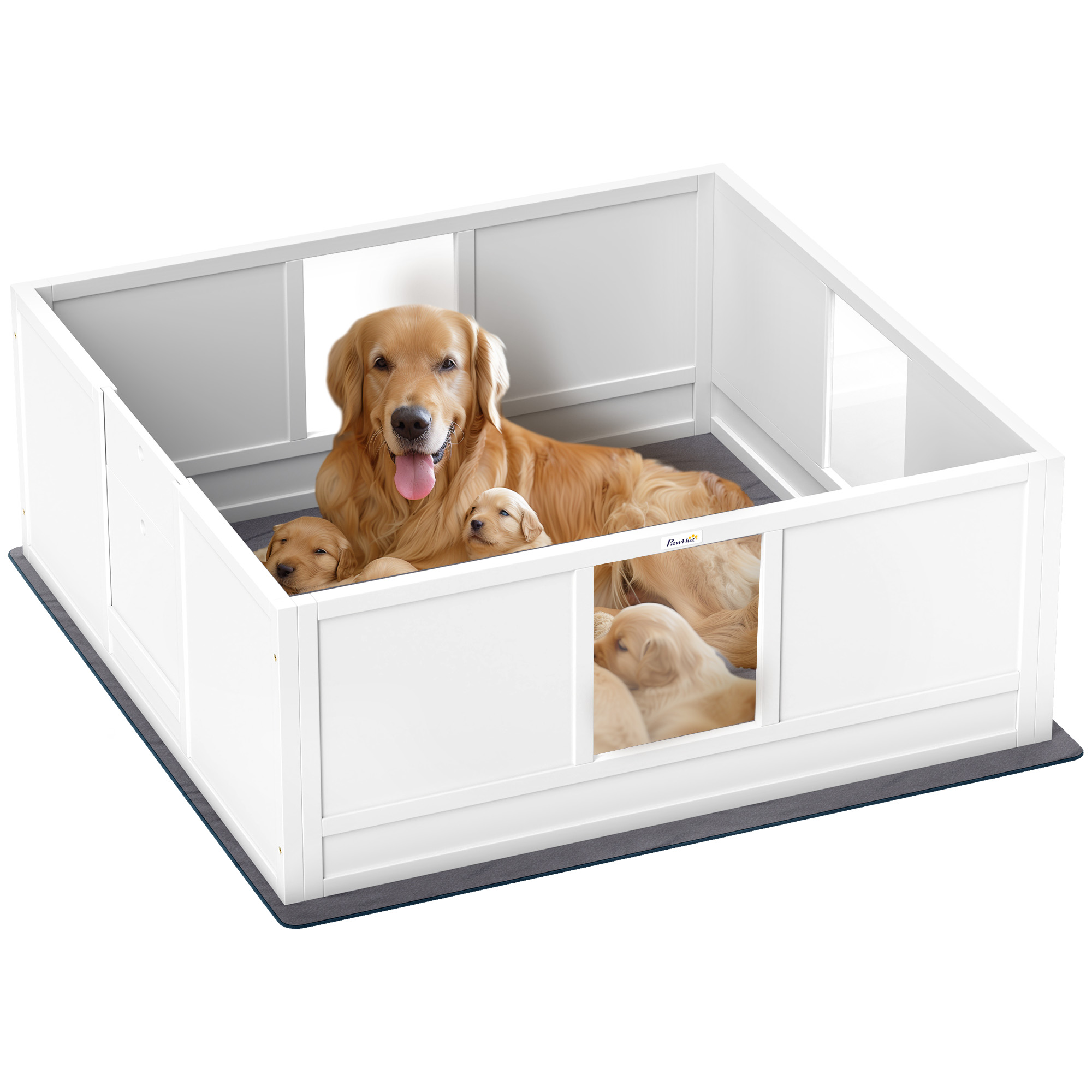 PAWSTER Whelping Box for Dogs with Whelping Pad, Adjustable Entrance, Non-slip Foot Pads, for Large Dogs, 124 x 120cm - Life Essentials
