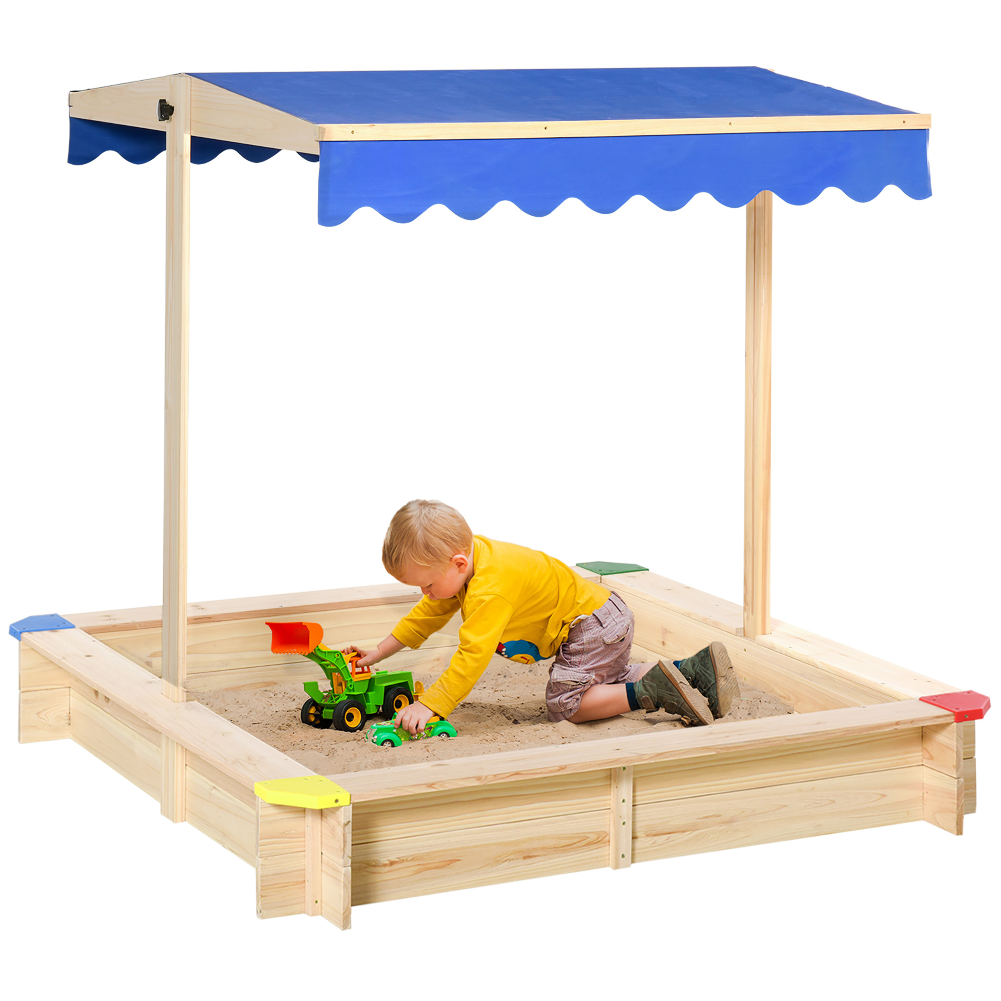 Kids Wooden Sandpit Children Cabana Square Sandbox Outdoor Backyard Playset Play Station Adjustable Canopy Bench Seat 120x120x120cm - Life Essentials