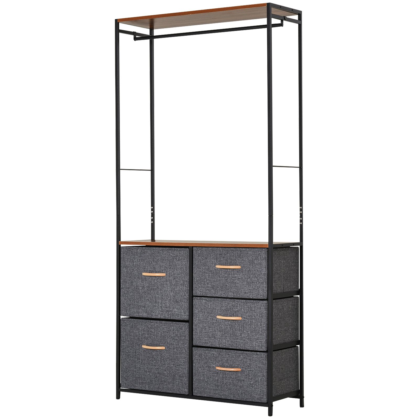 Wardrobe Dresser - Steel-Framed Storage with 5 Drawers, Coat Rack for Bedroom & Hallway, Black/Brown - Life Essentials