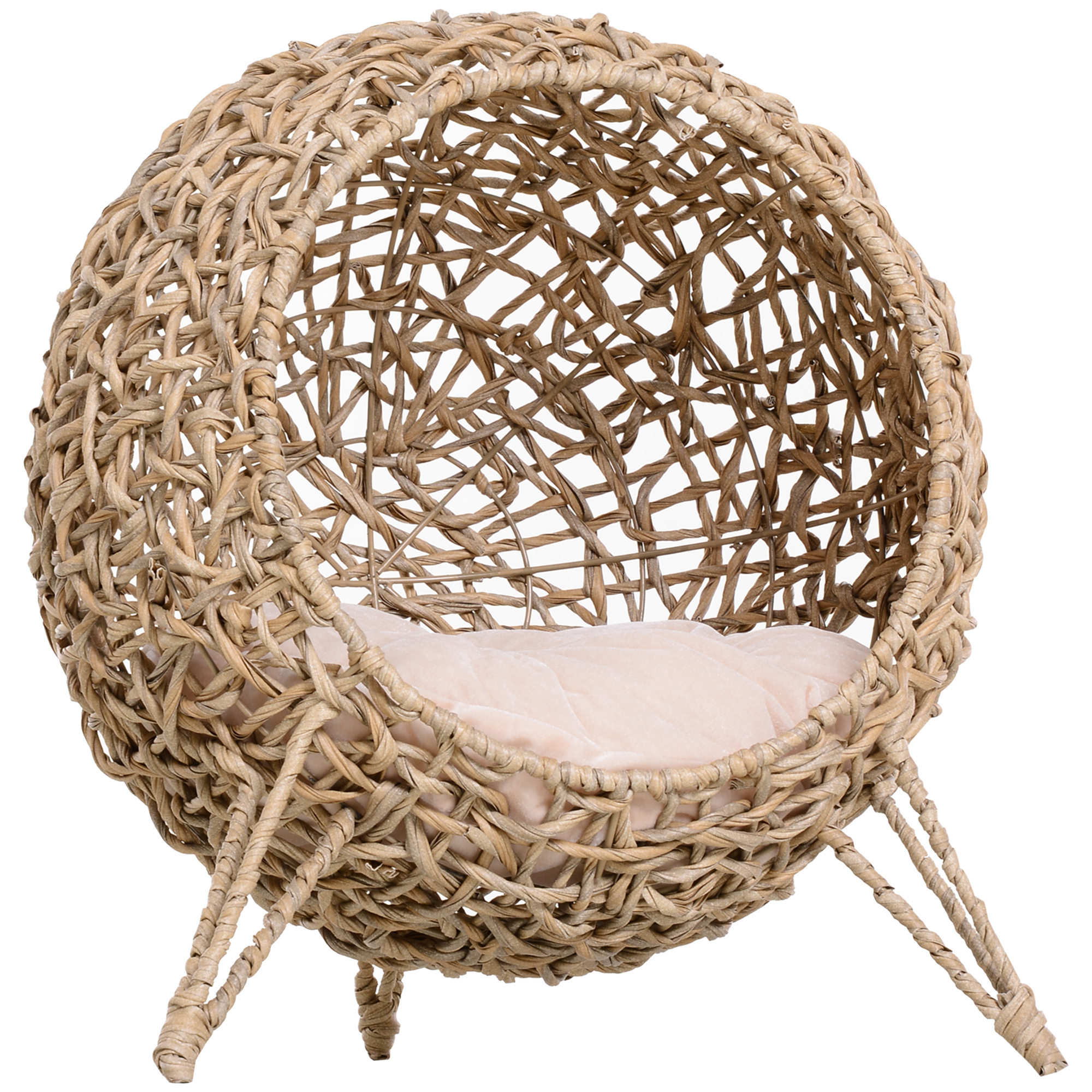 Wicker Cat Bed, Ball-Shaped Rattan Elevated Cat Basket with Three Tripod Legs, Cushion, Natural Wood Finish - Life Essentials