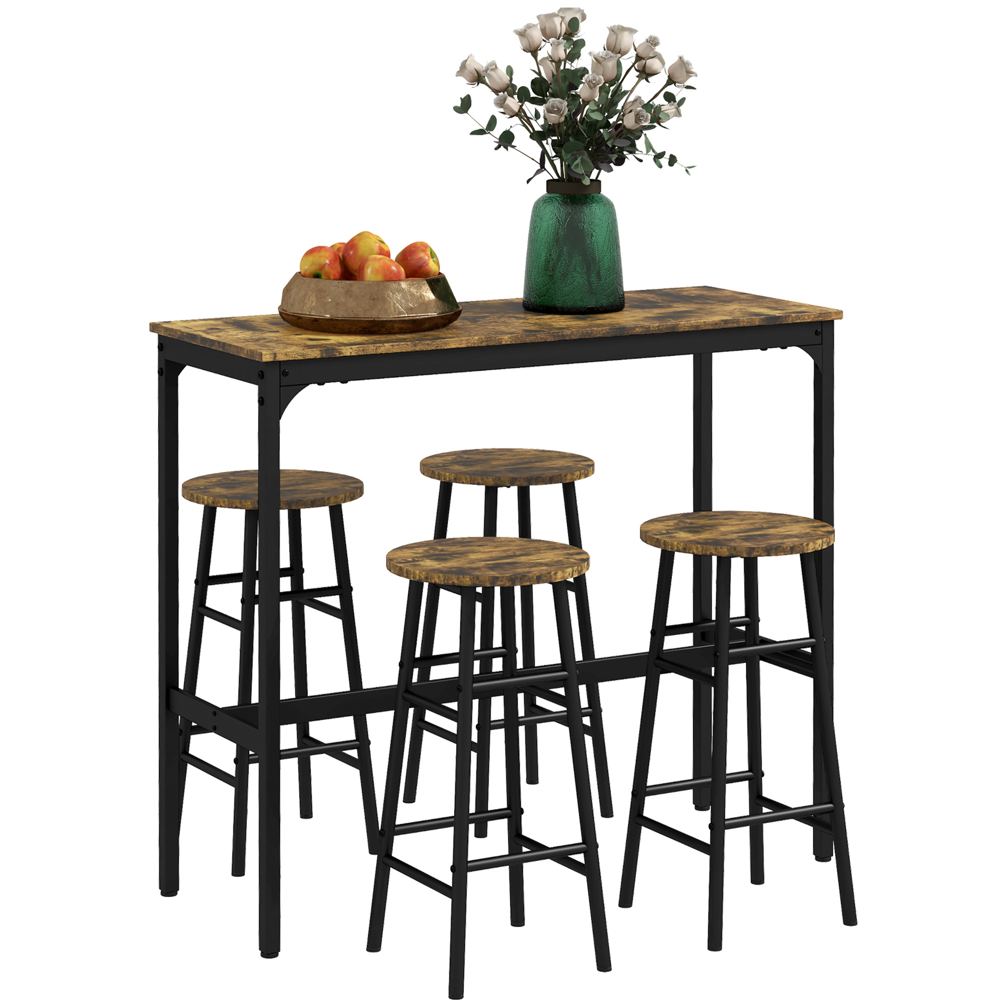 HERON 5 Piece Bar Table Set with 4 Stools, Industrial Bar Table and Stool Set, Dining Table and Chair Set, Rustic Brown - Life Essentials