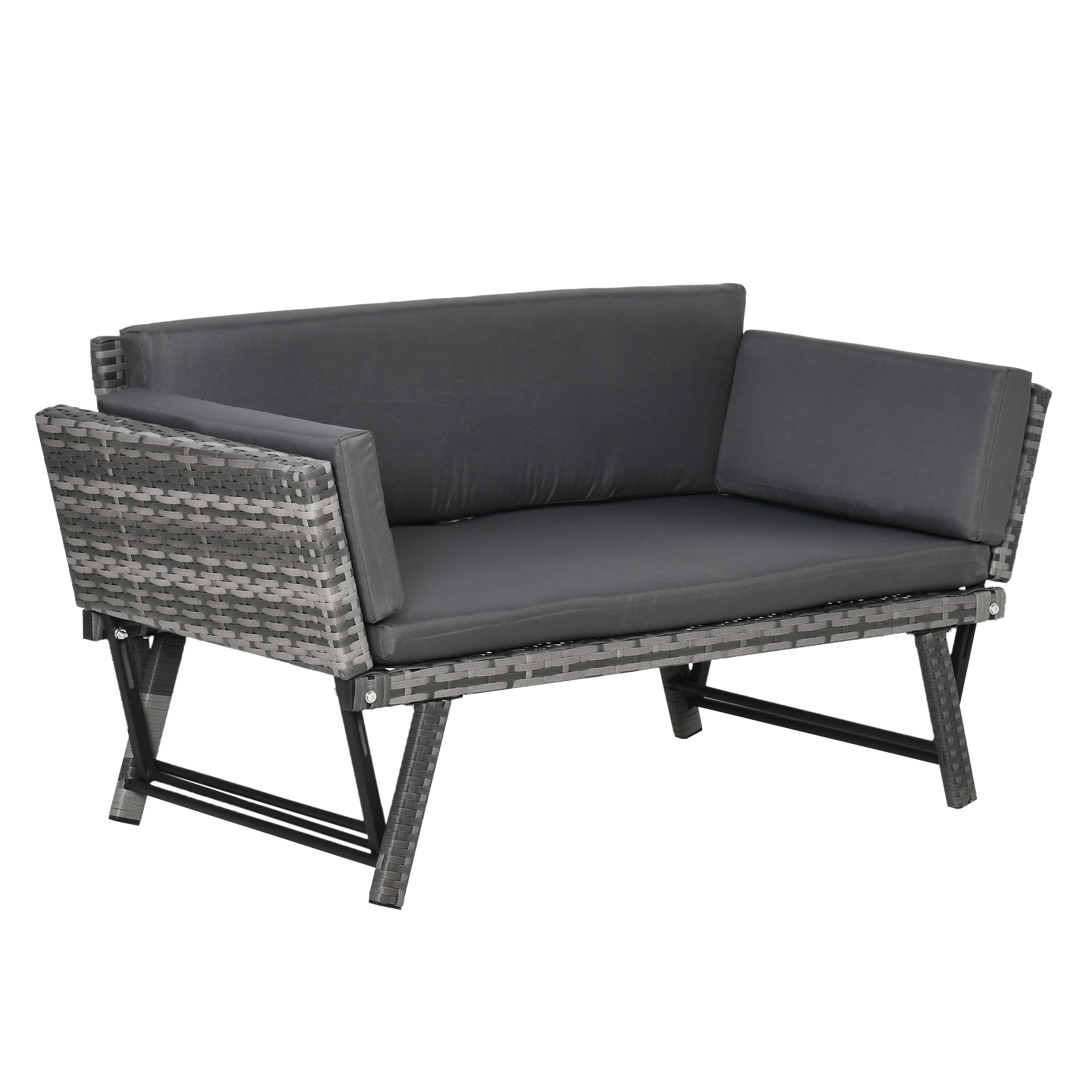 2 Seater Rattan Folding Daybed Sofa Bench Garden Chaise Lounger Loveseat with Cushion Outdoor Patio Grey - Life Essentials