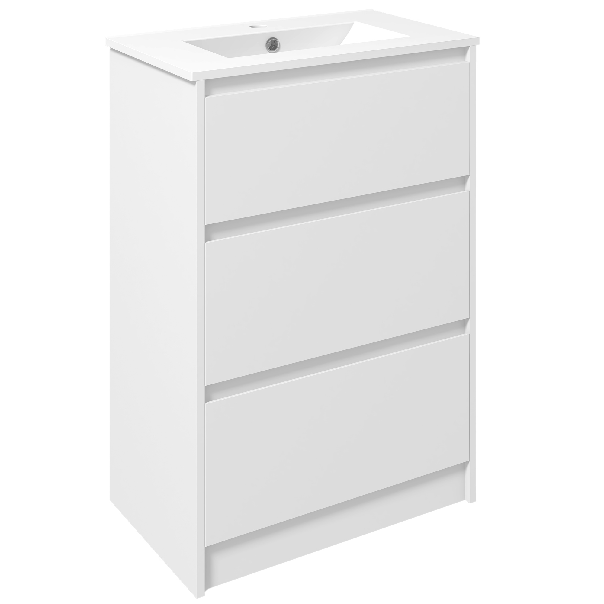 kleankin 600mm Bathroom Vanity Unit with Basin and Single Tap Hole, High Gloss White Floor Standing Bathroom Sink Unit with 2 Drawers - Life 