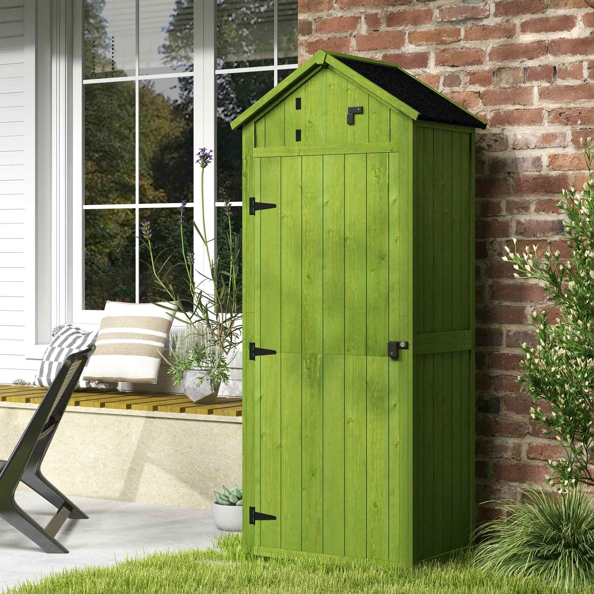 Garden Shed Vertical Utility 3 Shelves Shed Wood Outdoor Garden Tool Storage Unit Storage Cabinet, 77 x 54.2 x 179cm - Green - Life Essentials