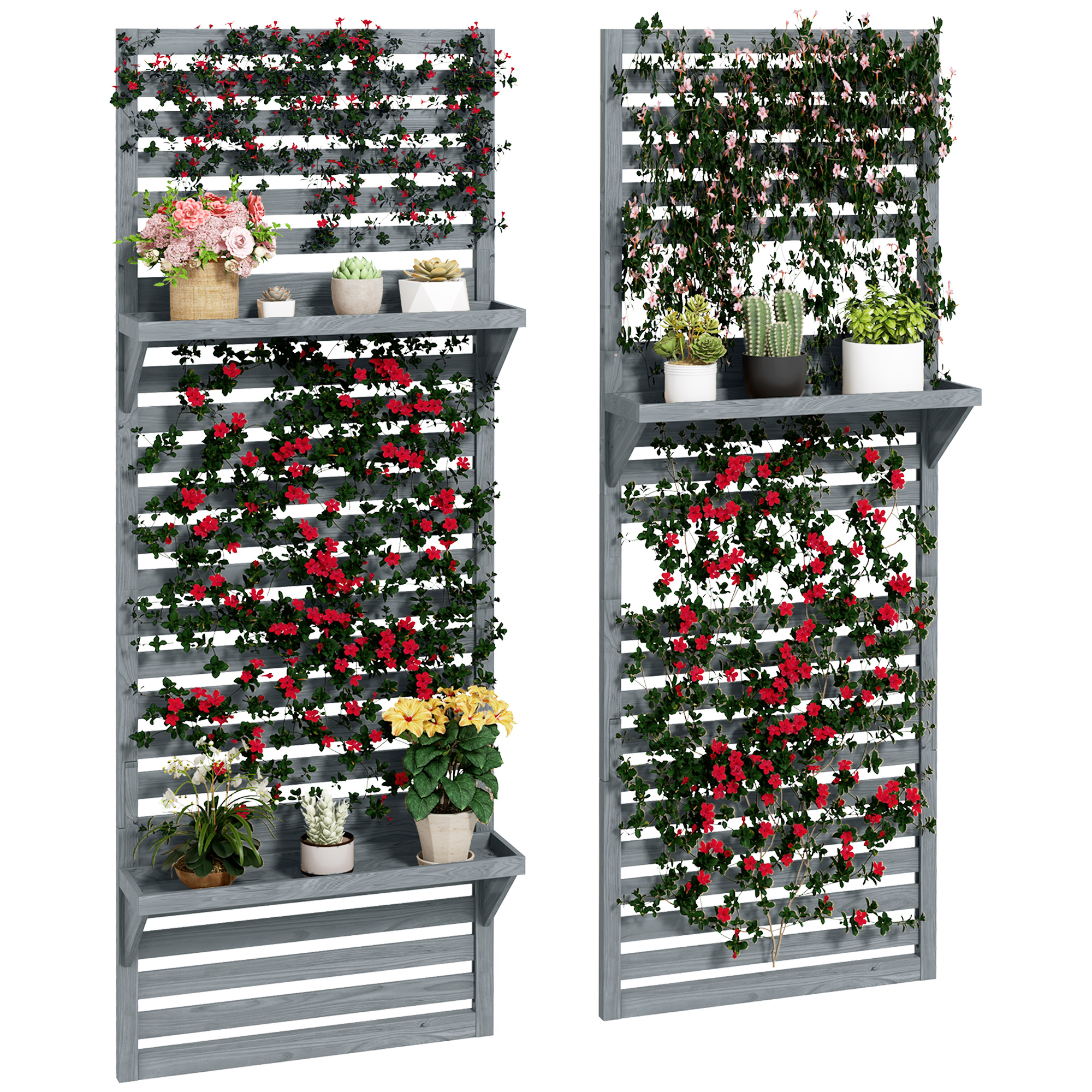 Wall Mounted Plant Stands Set of 2, Fir Wood Flower Stand with Shelves and Slatted Trellis for Patio, Balcony, Porch - Life Essentials