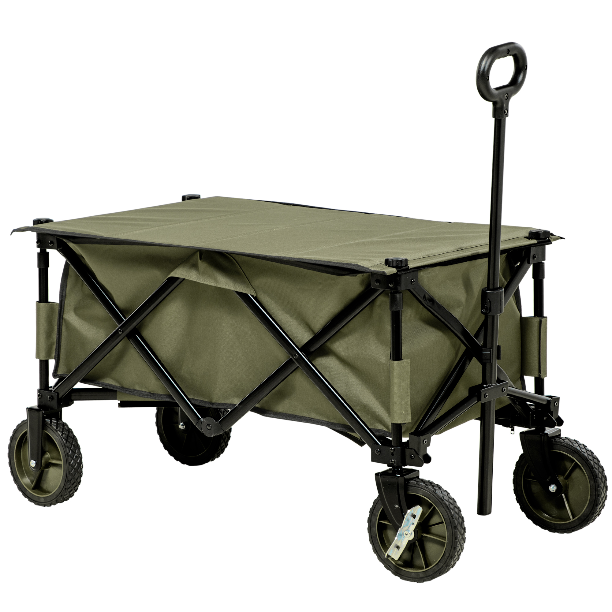 Folding Garden Trolley on Wheels, Collapsible Camping Trolley with Folding Board, Outdoor Utility Wagon with Steel Frame Oxford Fabric Green - Life 