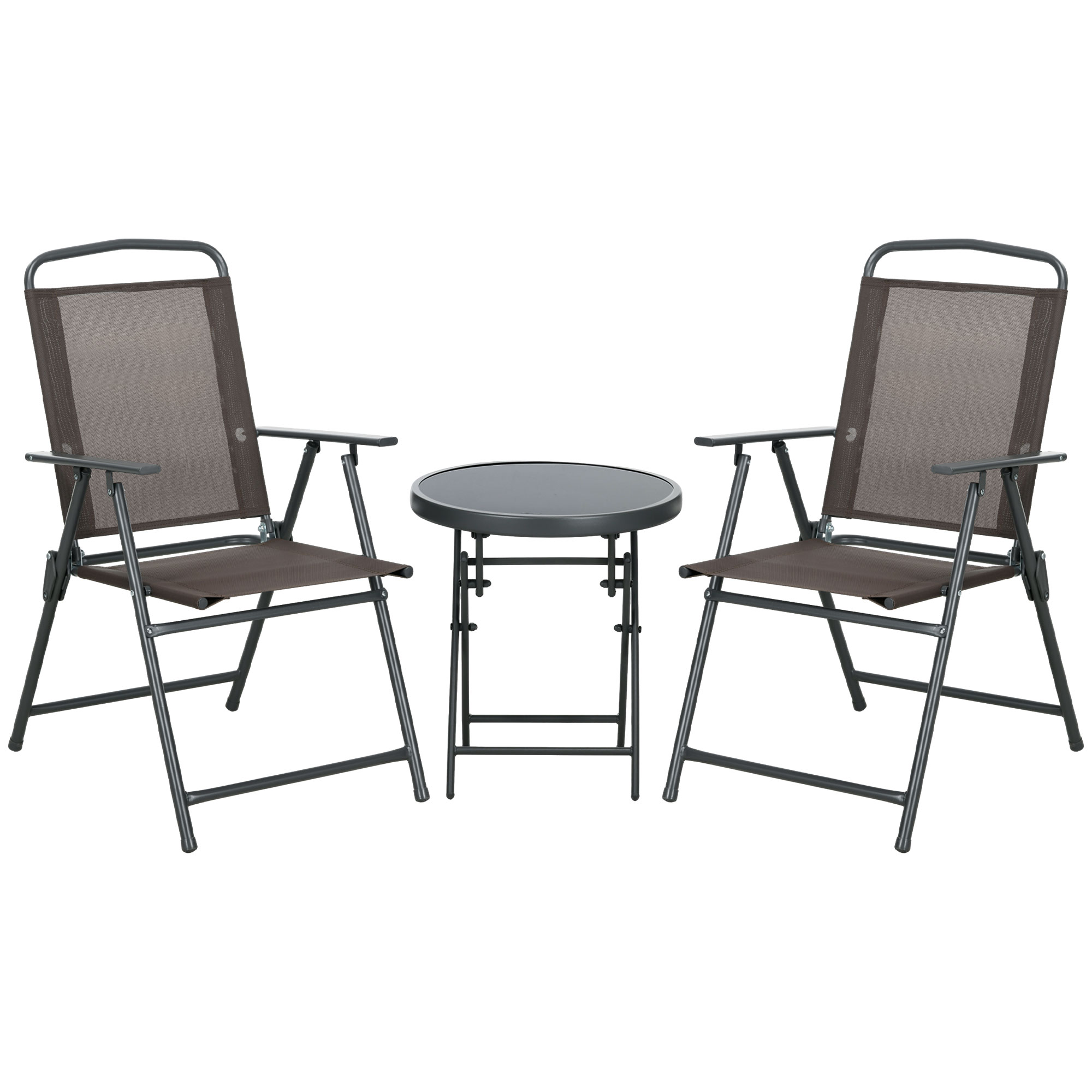 3 Pcs Garden Table and Chairs, Outdoor Bistro Set, Patio Conversation Furniture Set w/ Foldable Armchairs & Glass Top Coffee Table, Brown - Life 