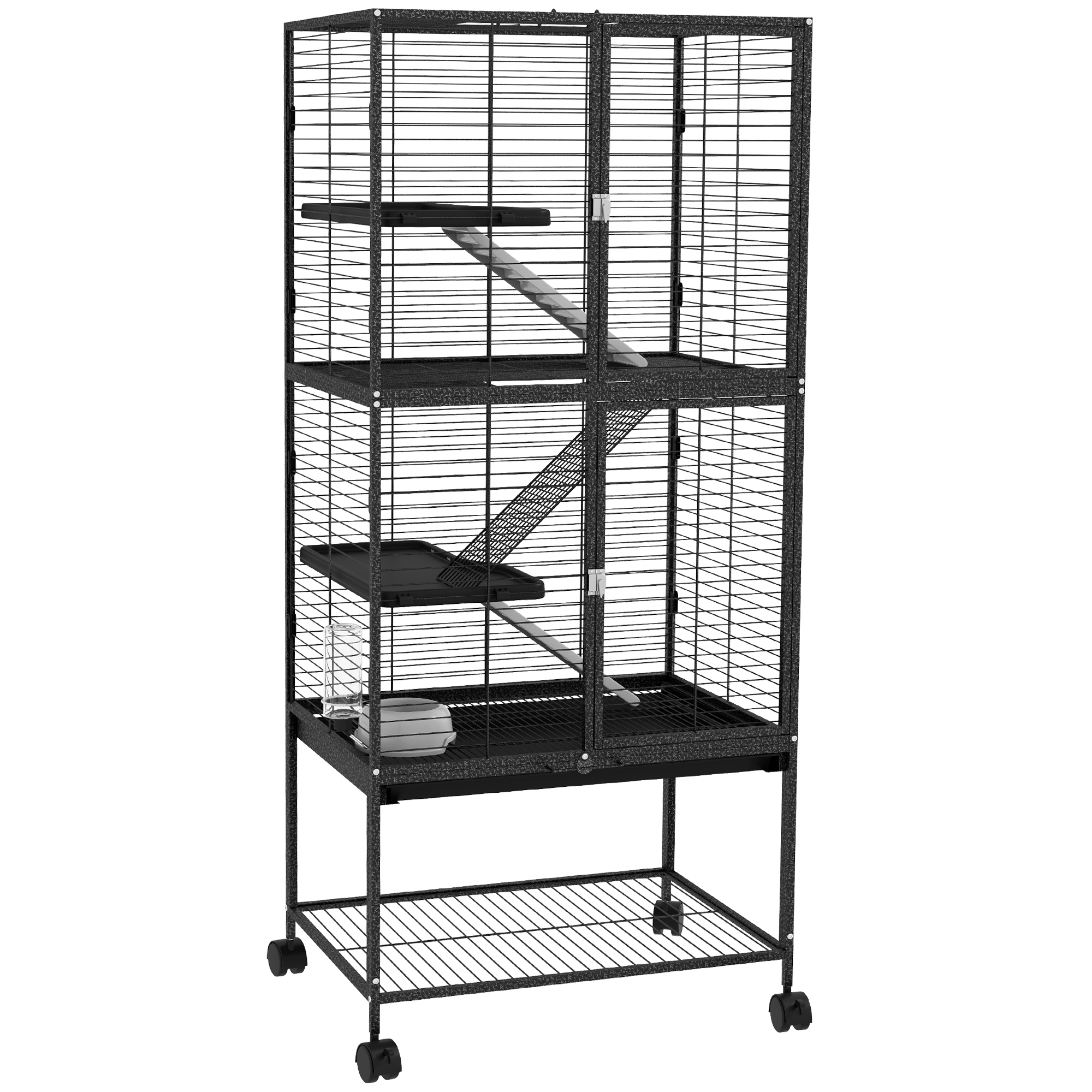 Rolling Chinchilla Cage, Small Animal Cage for Ferrets w/ Three Doors, Storage, Shelf, Tray Tray, Bowl, Water Bottle - Life Essentials
