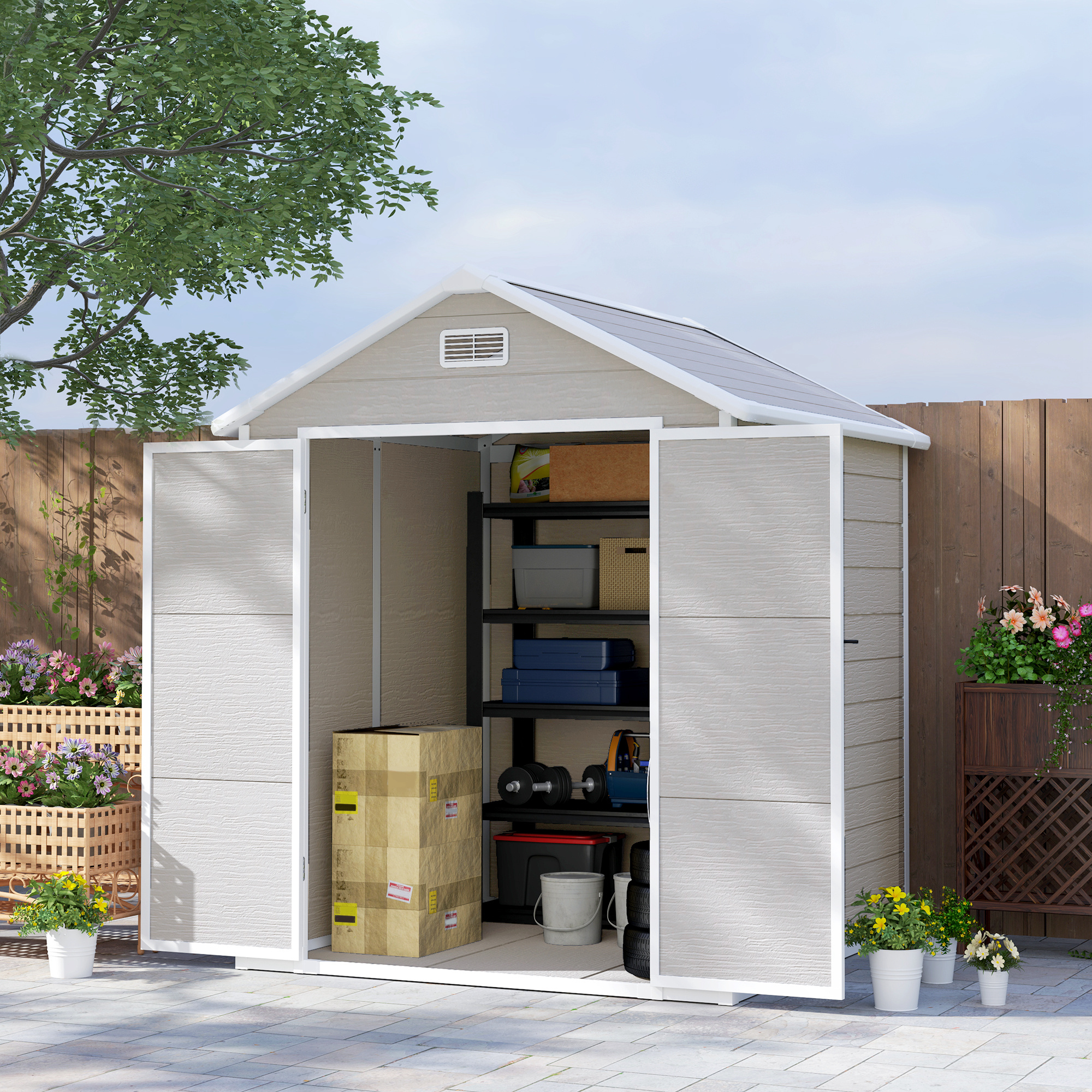 SUNVISTA 6 x 5ft Garden Shed, Plastic Shed with Floor, Window, Lockable Doors and Vents, Wood Effect Resin Tool Shed for Outdoor Patio, Light Grey - 