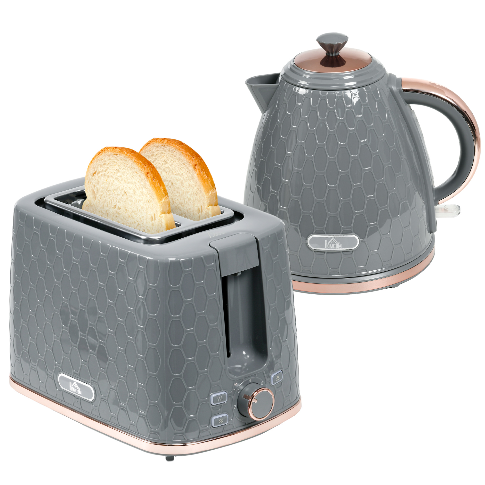 1.7L 3000W Fast Boil Kettle & 2 Slice Toaster Set, Kettle and Toaster Set with Auto Shut Off, Browning Controls, Grey - Life Essentials