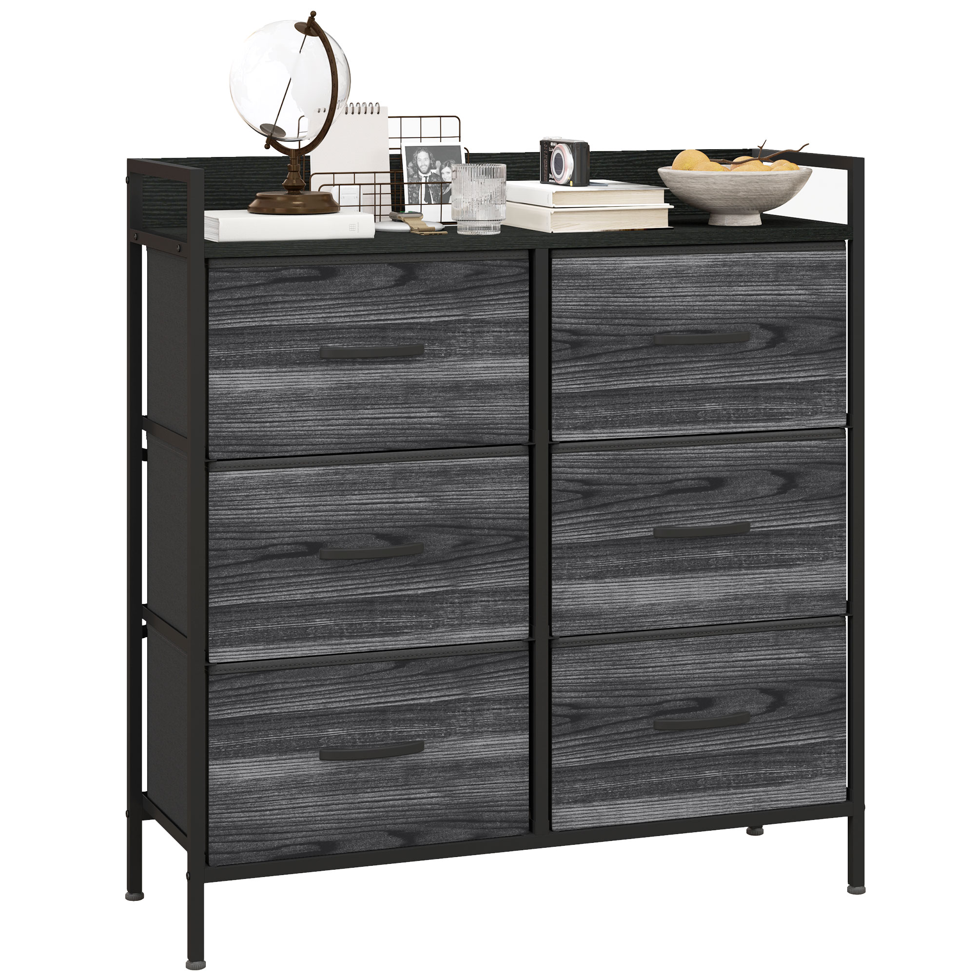 WENZA Black Chest of Drawers - Medium-sized, 6 Drawers, Double, Fabric Drawers - Life Essentials