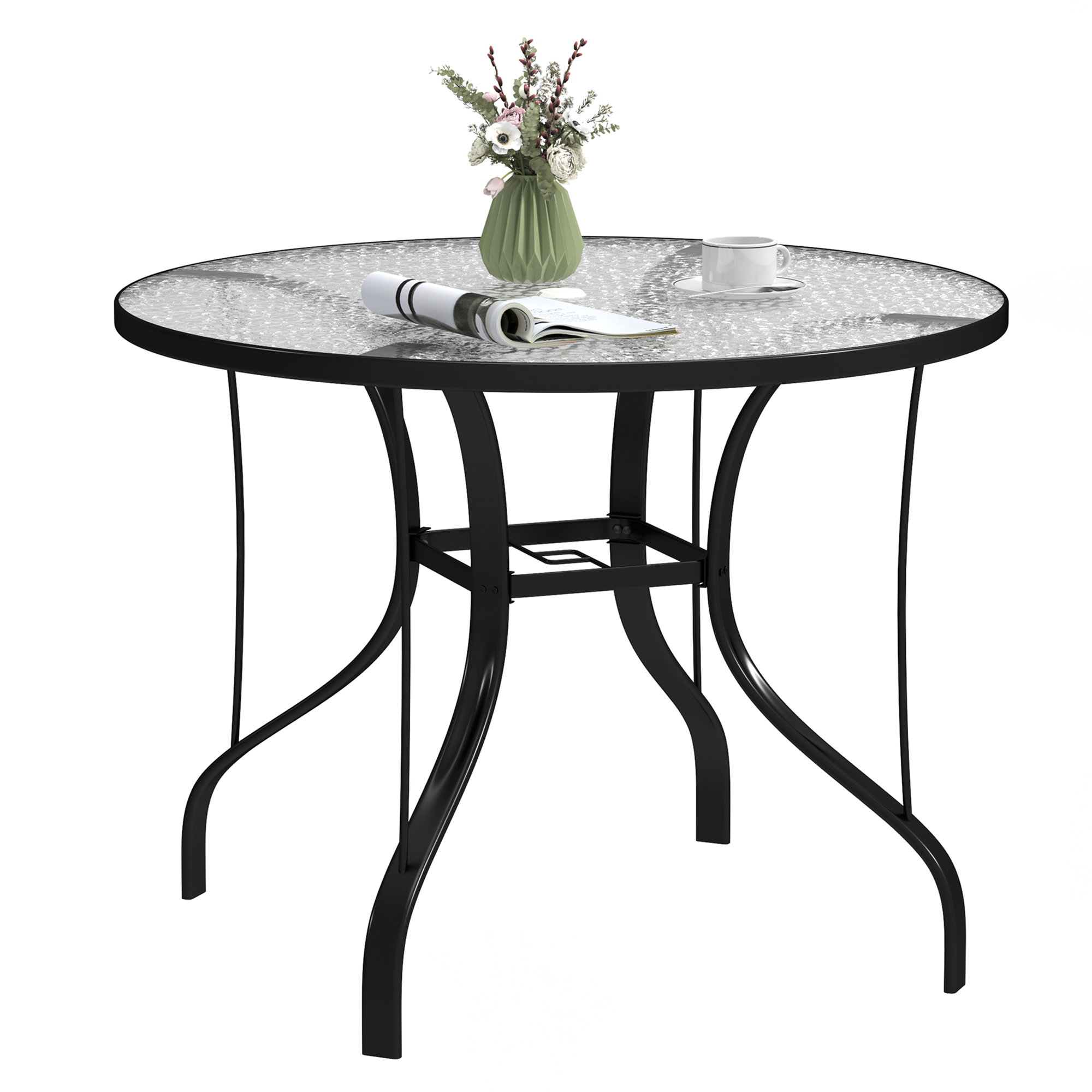 SUNVISTA Tempered Glass Top Round Outdoor Dining Table with Parasol Hole, 96.5 x 96.5 x 71 cm - Life Essentials