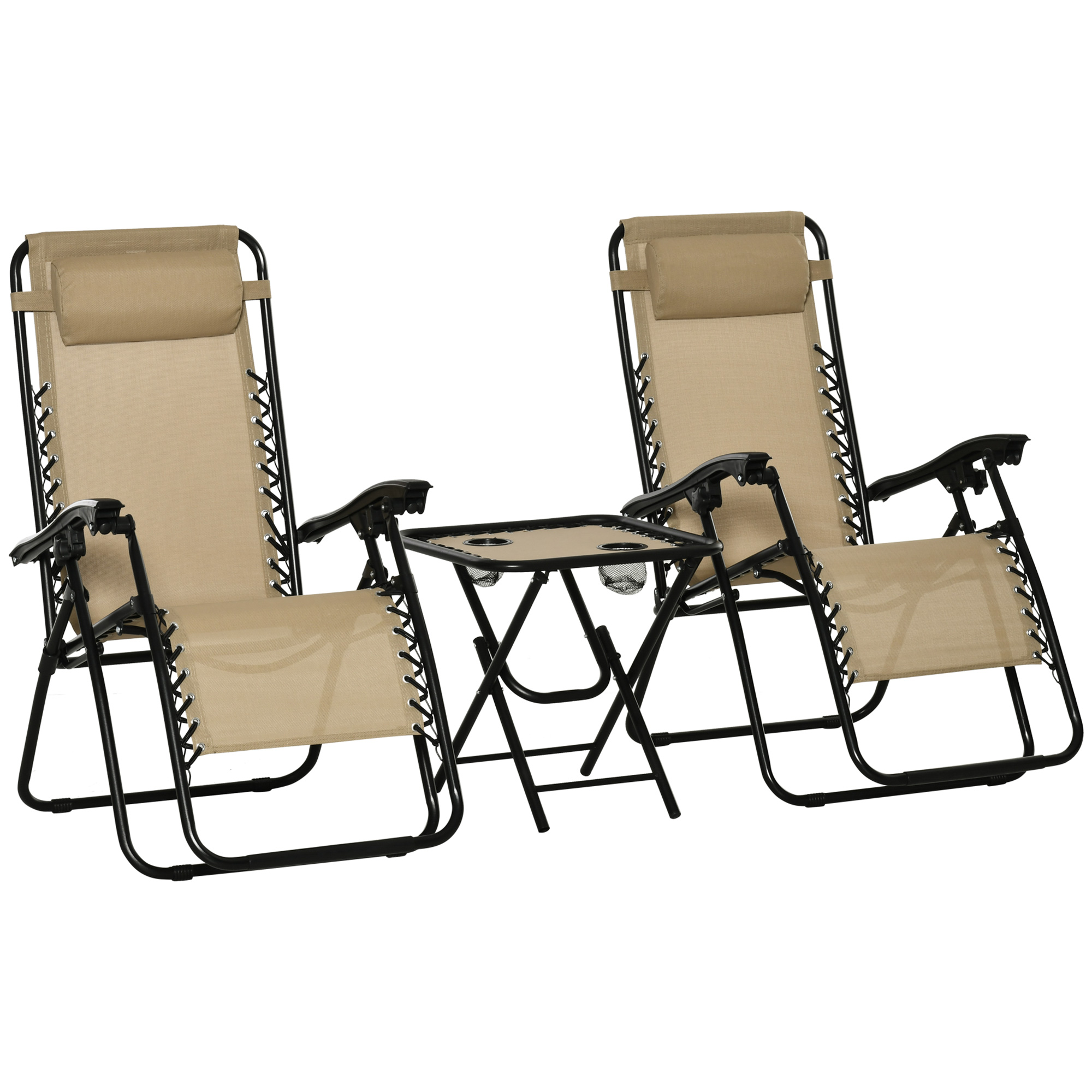 3pcs Folding Zero Gravity Chairs Sun Lounger Table Set w/ Cup Holders Reclining Garden Yard Pool, Beige - Life Essentials