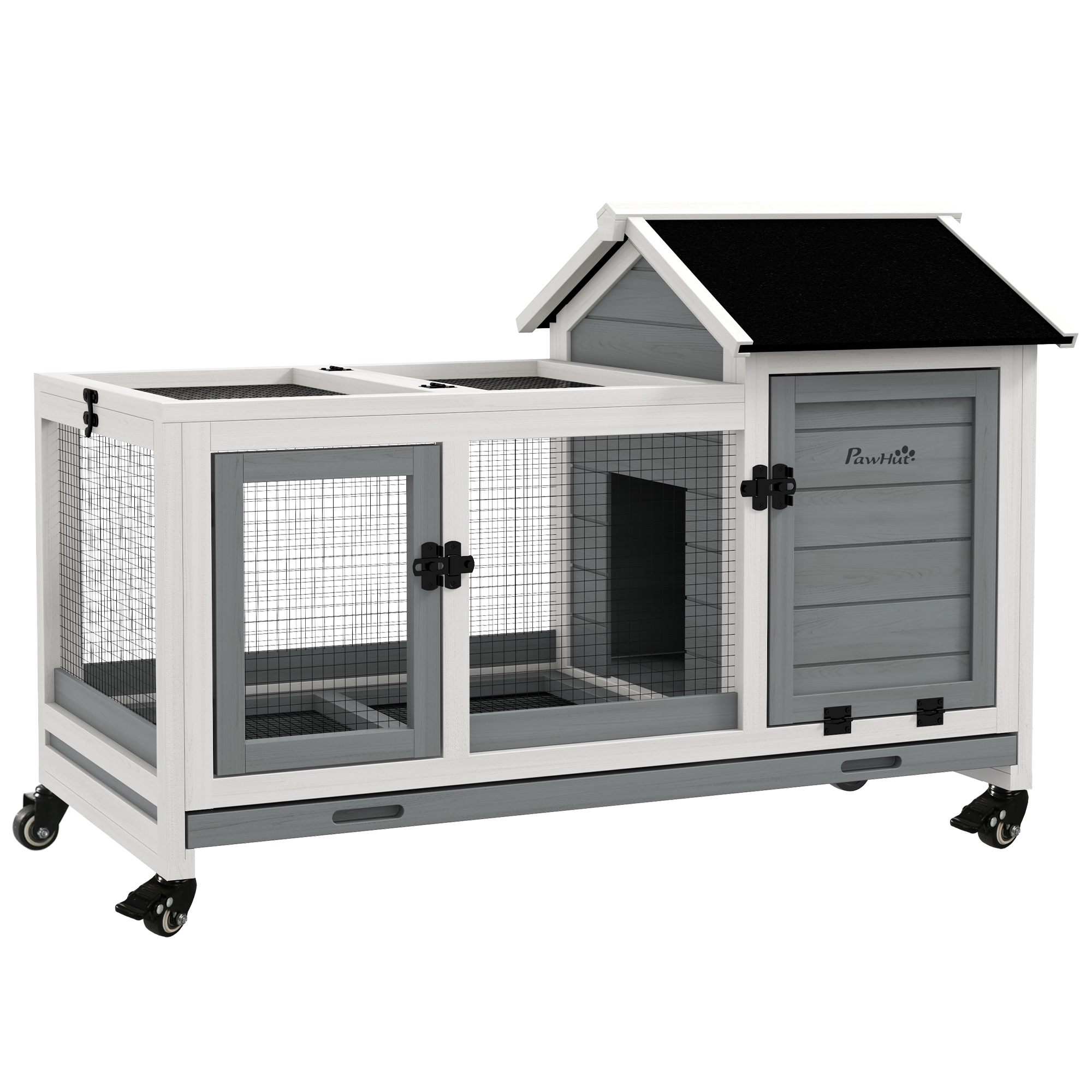 Wooden Rabbit Hutch, Guinea Pig Cage, with Removable Tray, Wheels - Grey - Life Essentials