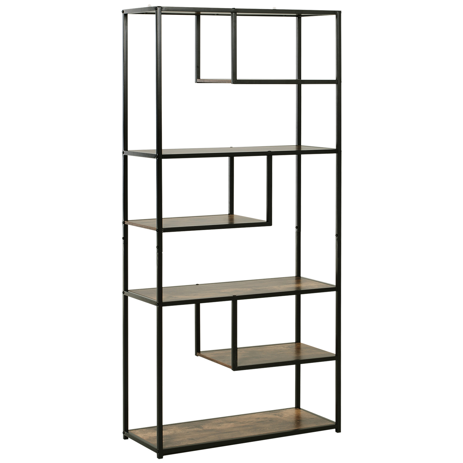 Wood Shelf Bookcase Industrial Style Stand 6-Staggered Shelf Living Room Display Rack Organiser - Life Essentials