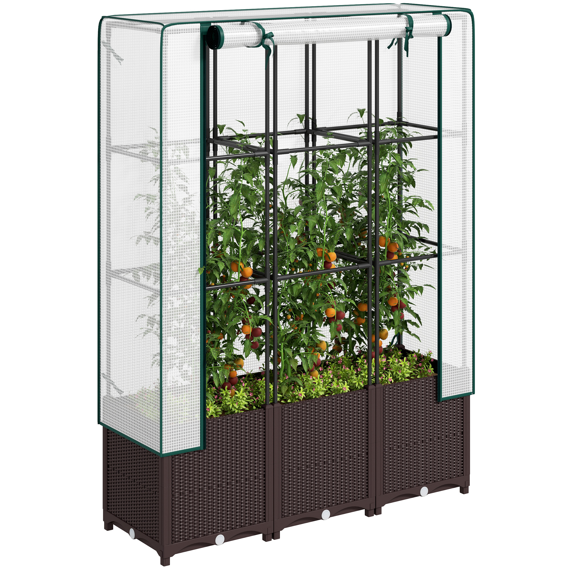 SUNVISTA Raised Garden Bed with Trellis, Plastic Planter Box with Drainage Holes and Drain Plugs for Climbing Plants, 120 x 40 x 140 cm - Life 
