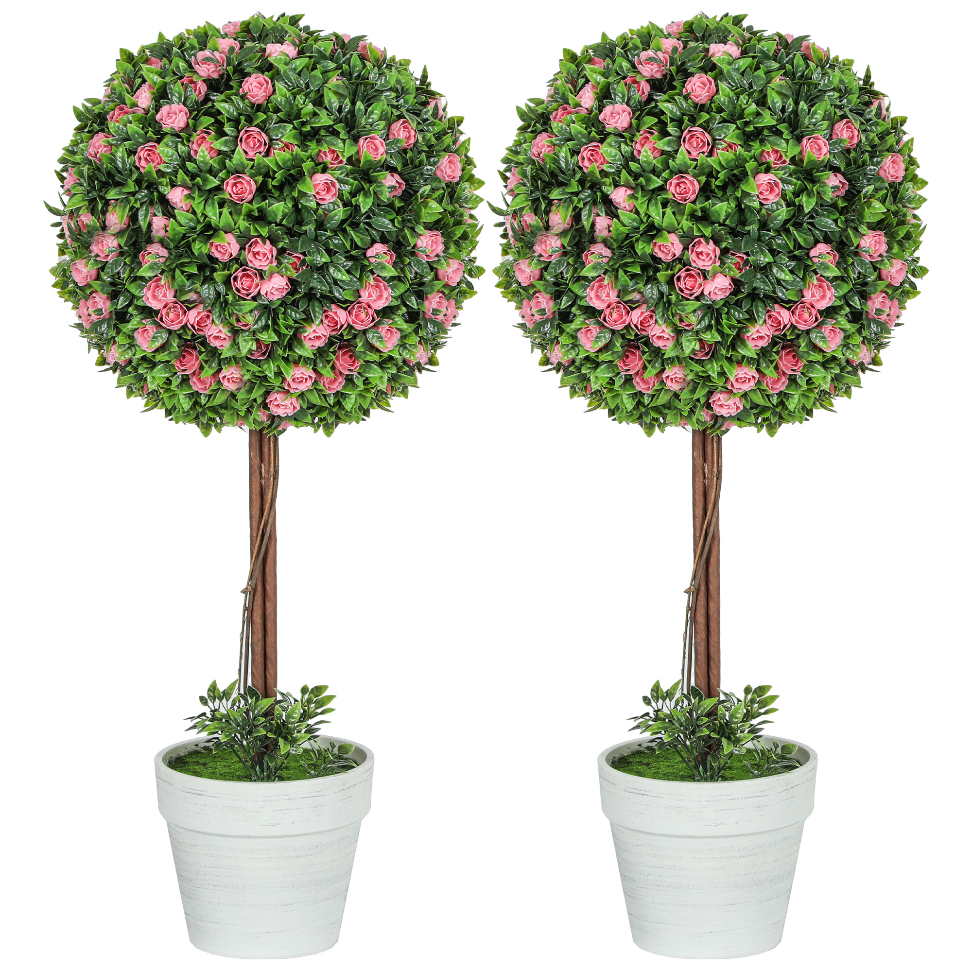 HERON Set of 2 Decorative Artificial Plants, Ball Topiary Tree with Rose Flower in Pot, Fake Plants for Home Indoor Outdoor Decor, 60cm, Pink - Life 
