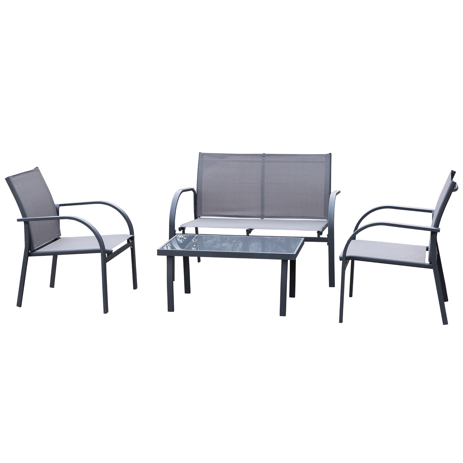 4 Pcs Curved Steel Outdoor Furniture Set w/ Loveseat, 2 Texteline Seats, Glass Top Table Garden Balcony Patio Furniture For Party Event-Grey - Life 