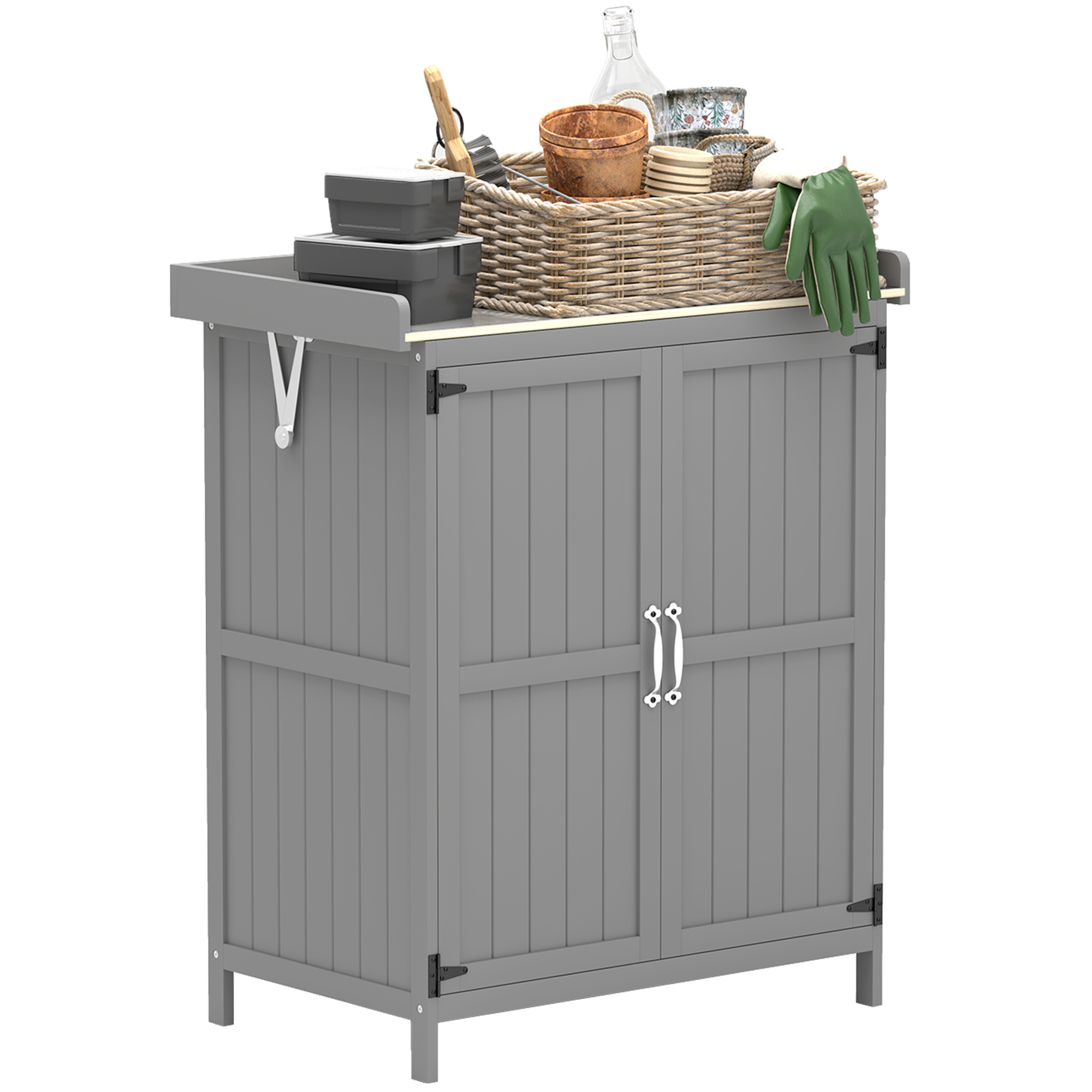 SUNVISTA Wooden Garden Shed, Garden Tool Storage Shed with Hinged Roof and Shelf, Outdoor Storage Cabinet with Double Doors, Grey - Life Essentials