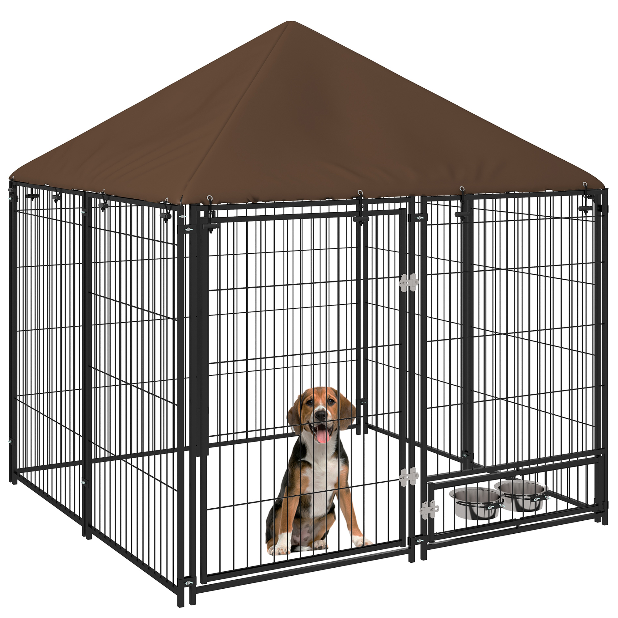 Outdoor Dog Kennel Puppy Play Pen with Canopy Garden Playpen Fence Crate Enclosure Cage Rotating Bowl 141 x 141 x 151 cm - Life Essentials