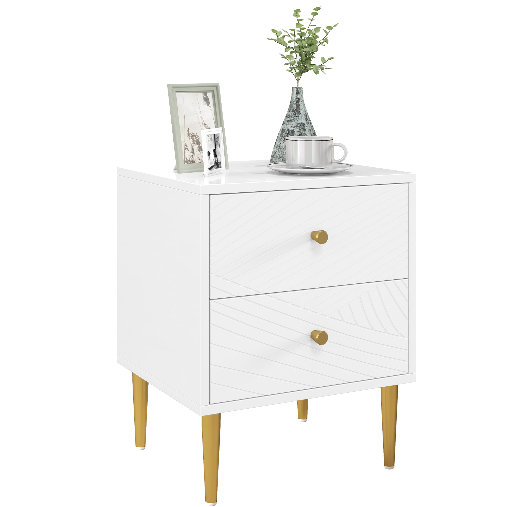 HERON Elegant Two-Drawer Bedside Table - White/Gold-Tone - Life Essentials