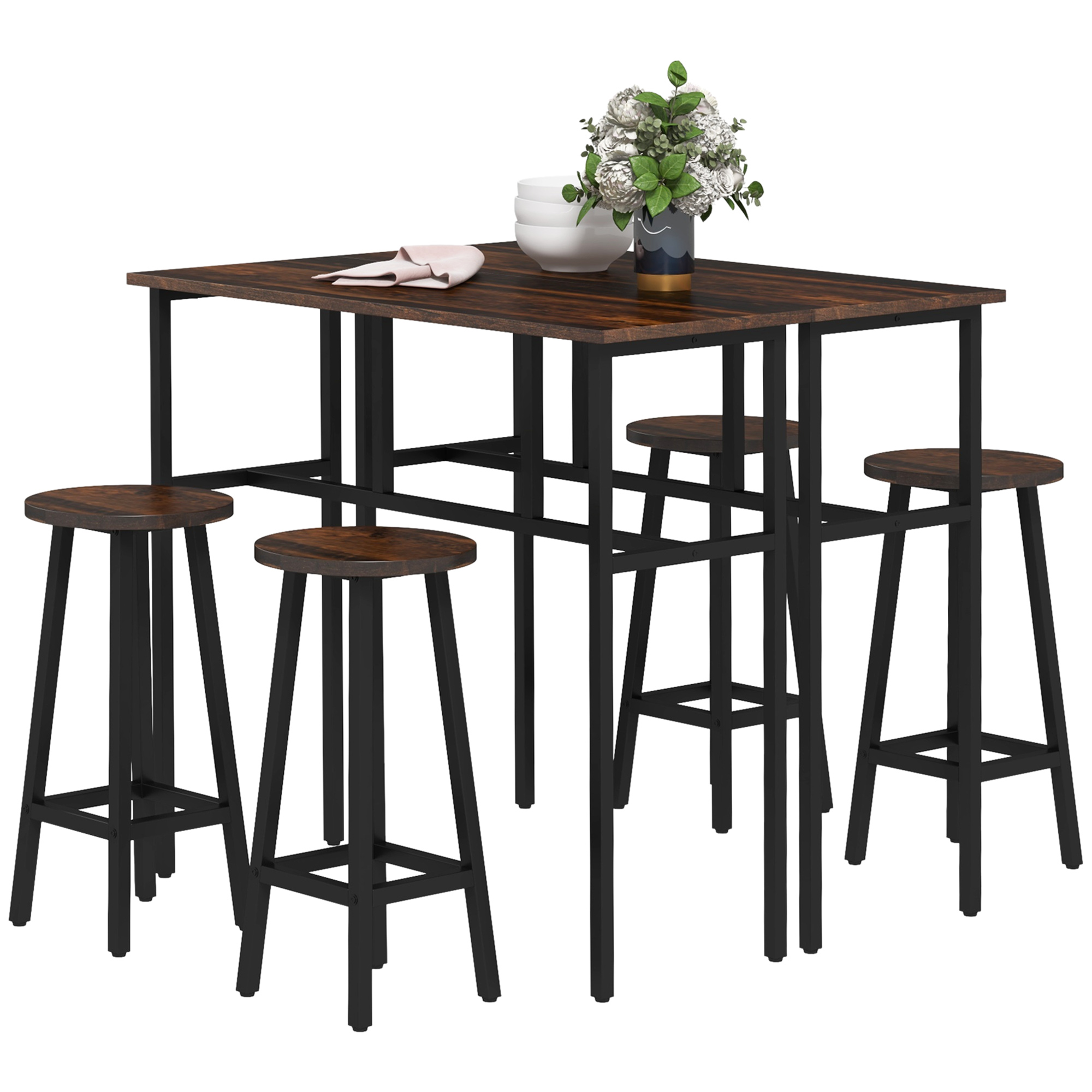 Scott Bar Table and Stools with 2 Breakfast Tables - Rustic Brown - Life Essentials