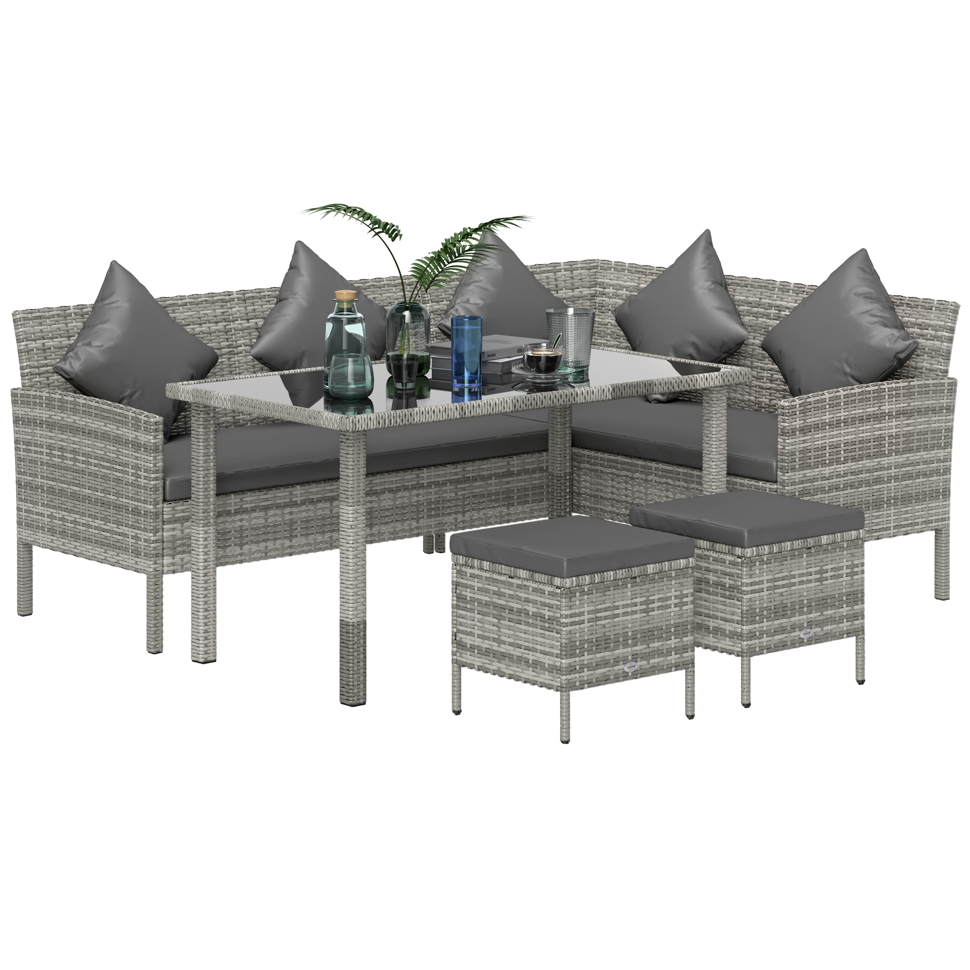 SUNVISTA tsunny 6-Seater Rattan Dining Set Sofa Table Footstool Outdoor w/ Cushion Garden Furniture, Dark Grey - Life Essentials