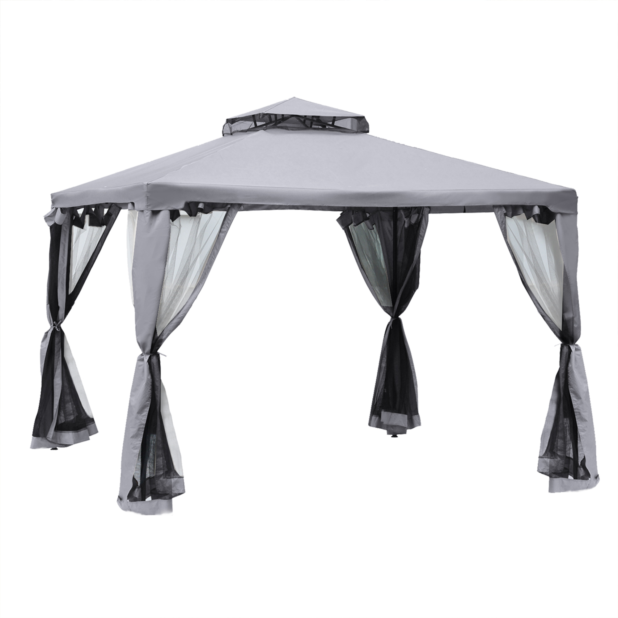 3 x 3 Meter Metal Gazebo Garden Outdoor 2-tier Roof Marquee Party Tent Canopy Pavillion Patio Shelter with Netting - Grey - Life Essentials