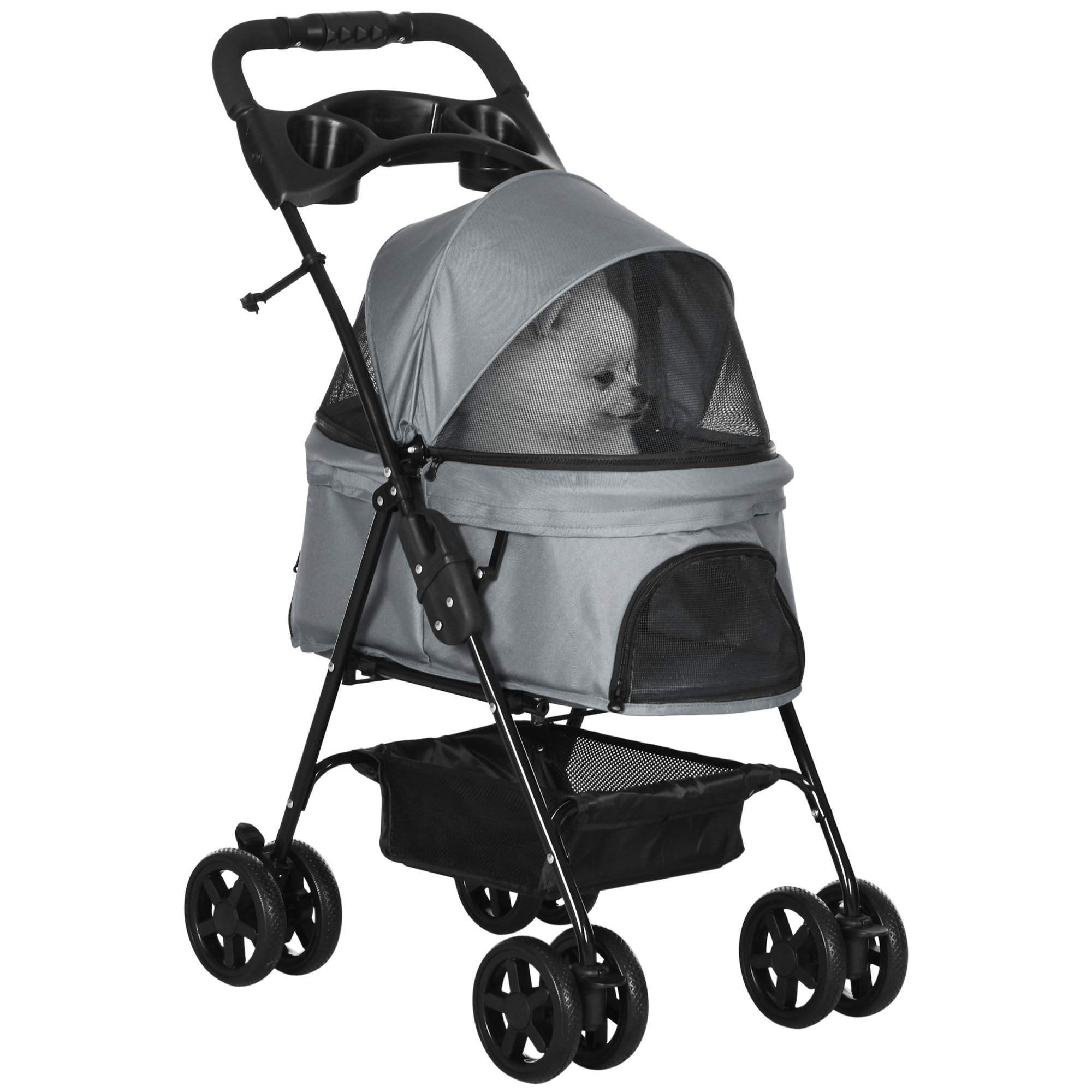No-Zip Pet Stroller Dog Cat Travel Pushchair One-Click Fold Trolley Jogger with EVA Wheels Brake Basket Adjustable Canopy Safety Leash Grey - Life 