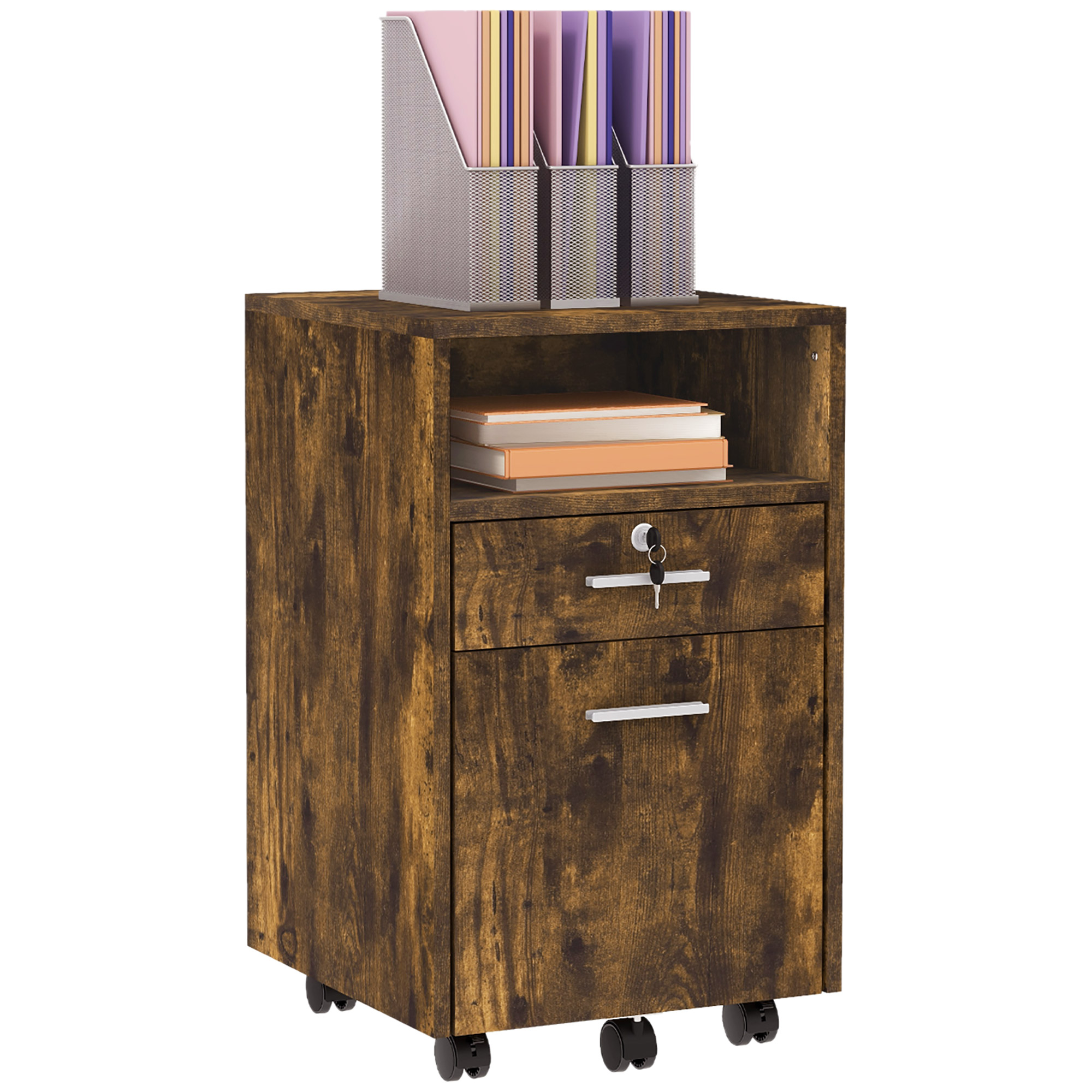 Vinsetto Lockable Filing Cabinet for Home Office, Mobile File Cabinet with Wheels Hanging Bar for A4, Letter Size, Rustic Brown - Life Essentials