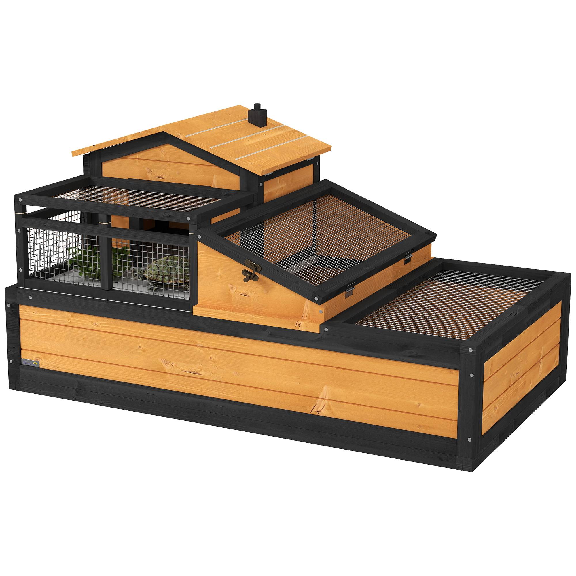 PAWSTER Wooden Tortoise House with Balcony, Tray, Roof, for Indoor and Outdoor, Yellow - Life Essentials