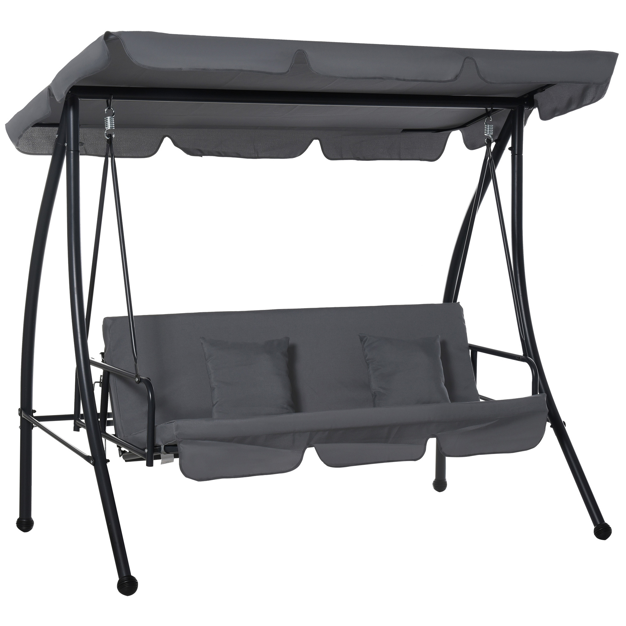 Outdoor 2-in-1 Patio Swing Chair Lounger 3 Seater Garden Swing Seat Bed Hammock Bed Convertible Tilt Canopy W/ Cushion, Dark Grey - Life Essentials