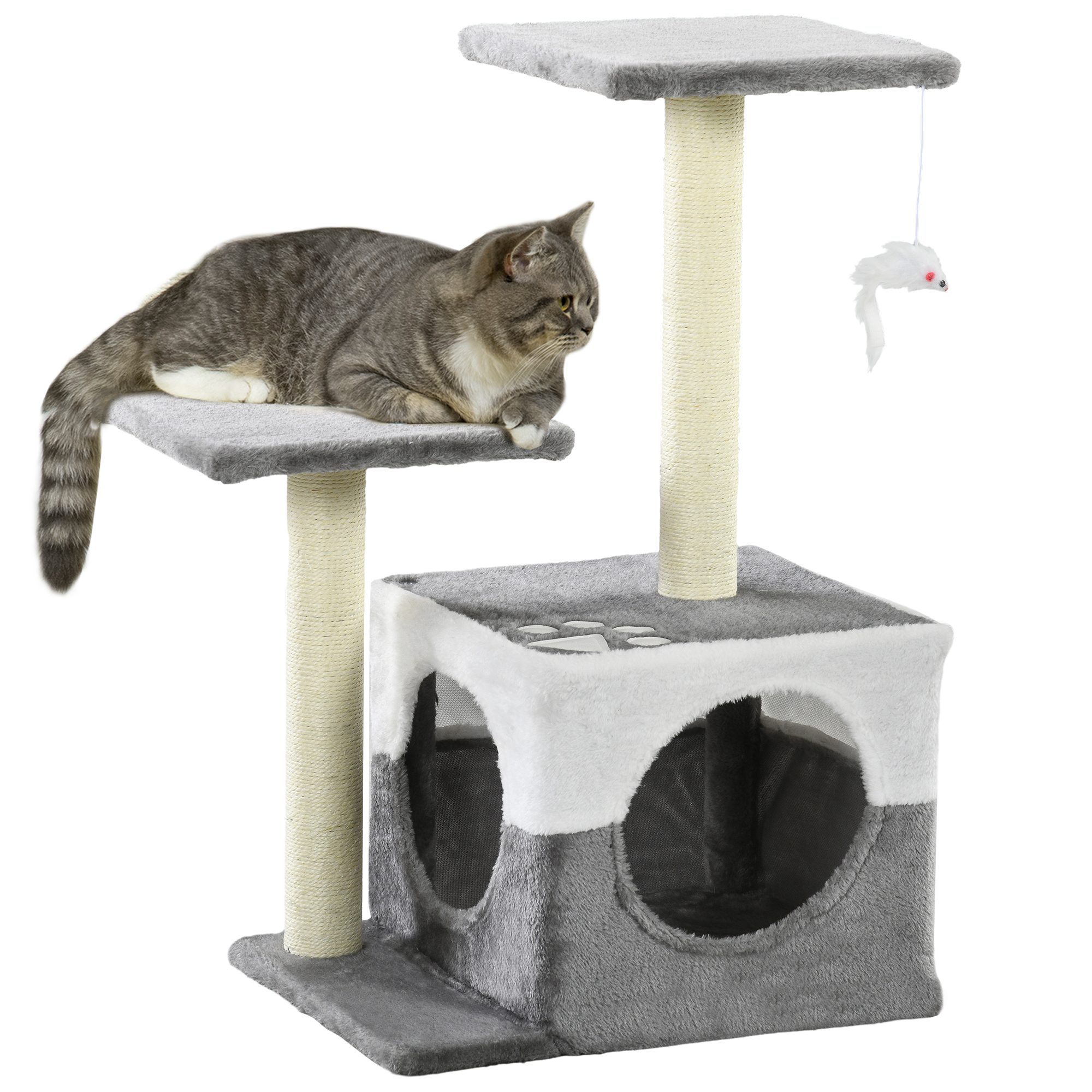 Cat Tree w/ Sisal Scratching Posts, House, Perches, Toy Mouse, Grey - Life Essentials