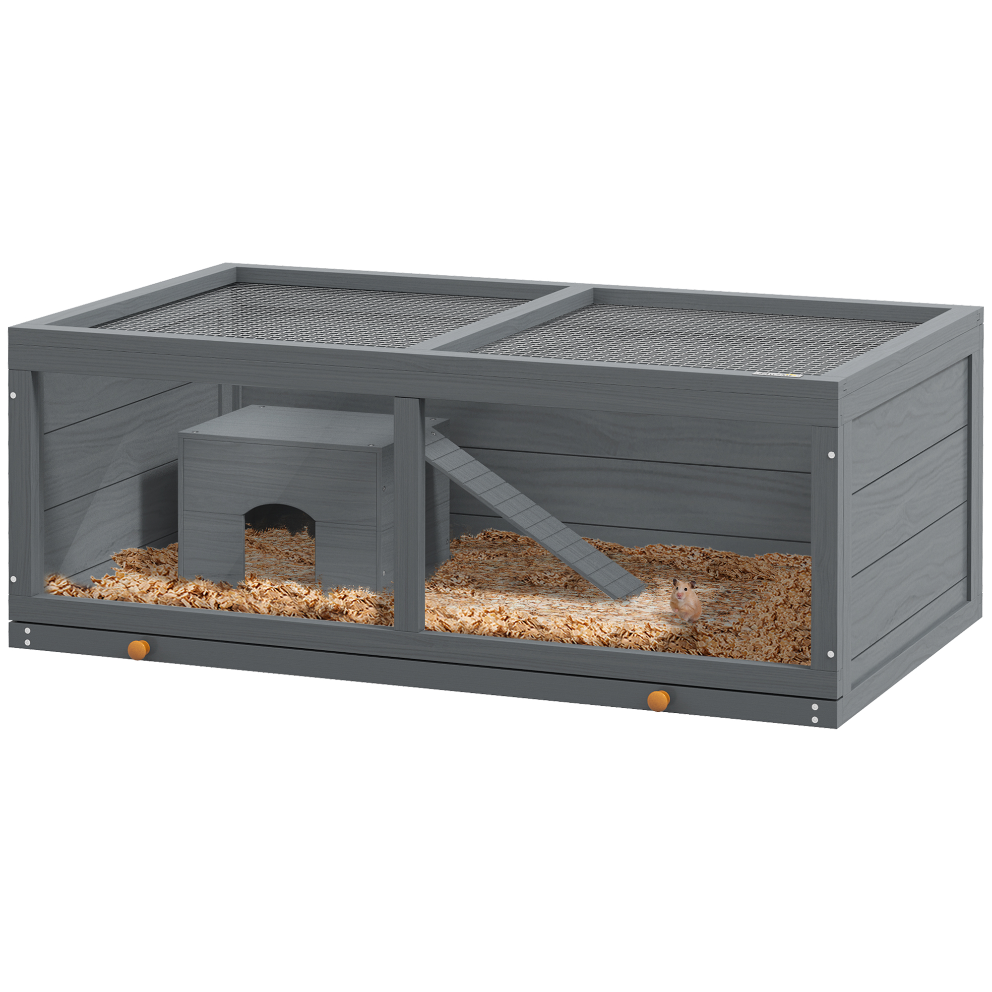 PAWSTER Wooden Hamster Cage with Sliding Tray, Openable Top, Hut for Syrian Hamsters, Grey - Life Essentials