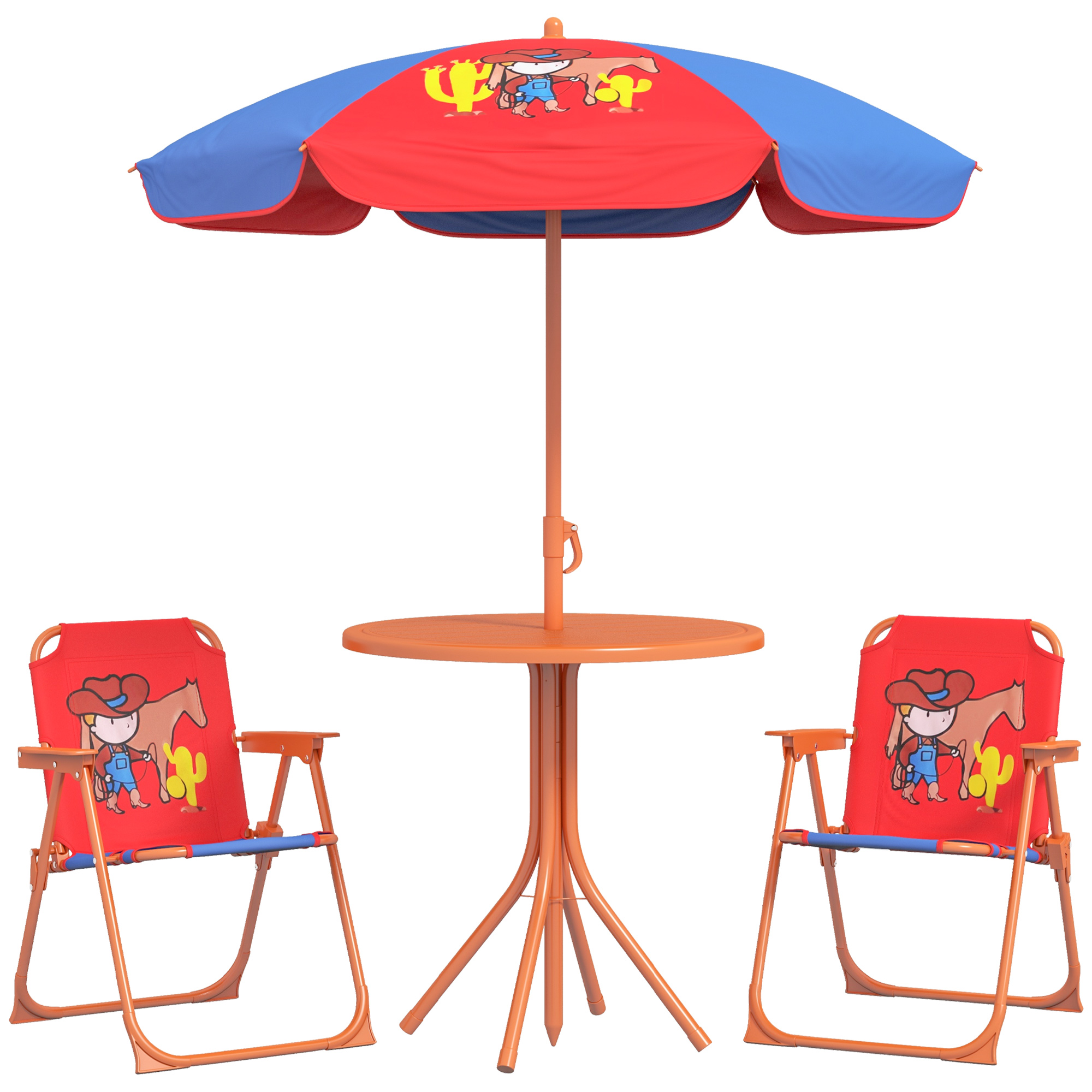 Kids Picnic Table and Chair Set Cowboy Themed Outdoor Garden Furniture w/ Foldable Chairs, Adjustable Parasol - Life Essentials