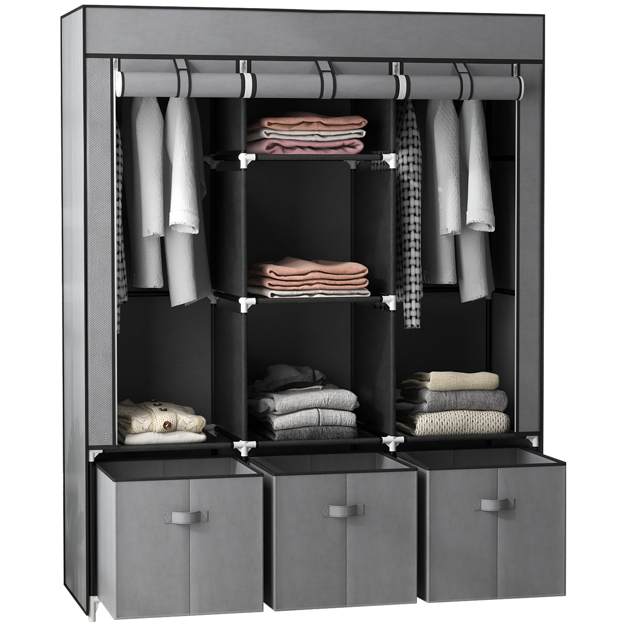 Fabric Wardrobe Portable Wardrobe with 5 Shelves 2 Hanging Rails 3 Fabric Drawers Foldable Closets - Dark Grey - Life Essentials